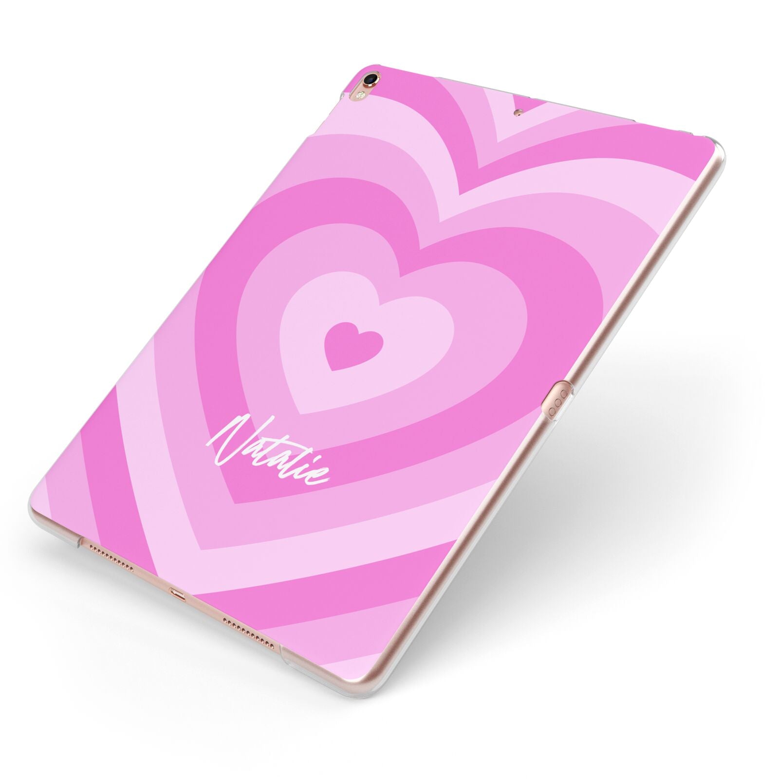 Personalised Pink Heart Apple iPad Case on Rose Gold iPad Side View