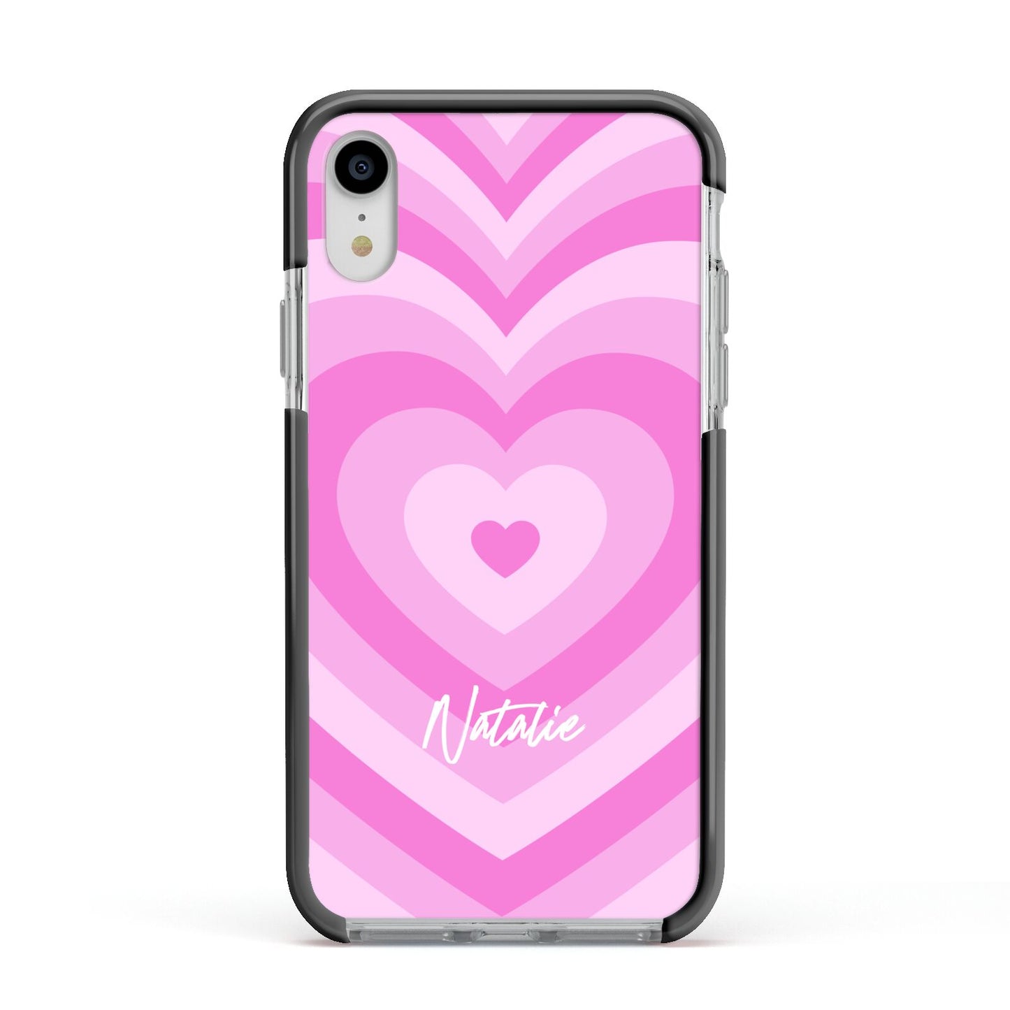 Personalised Pink Heart Apple iPhone XR Impact Case Black Edge on Silver Phone