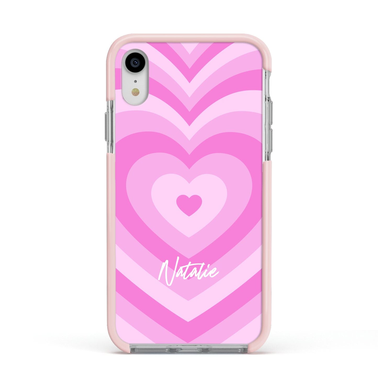 Personalised Pink Heart Apple iPhone XR Impact Case Pink Edge on Silver Phone