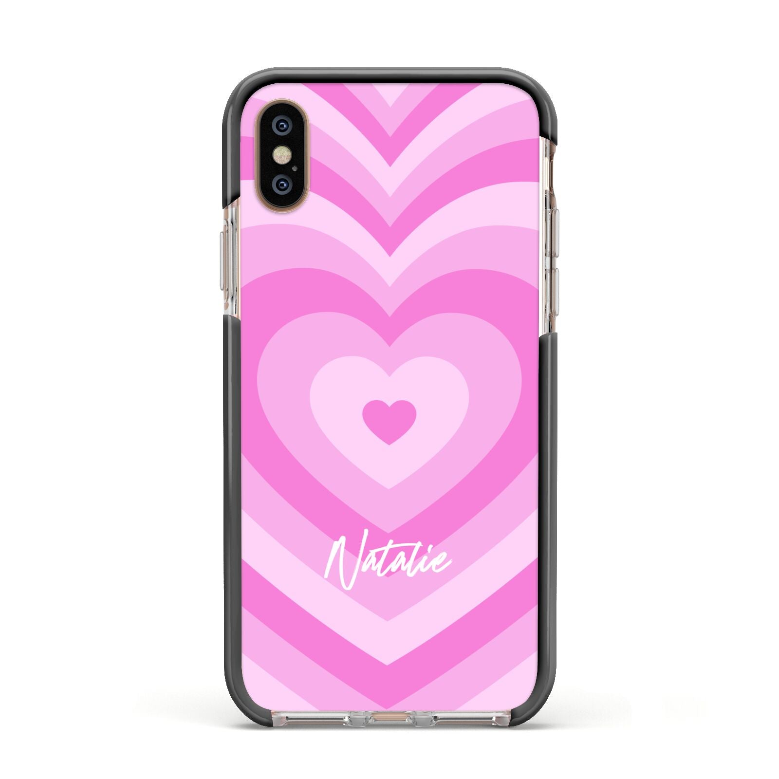 Personalised Pink Heart Apple iPhone Xs Impact Case Black Edge on Gold Phone