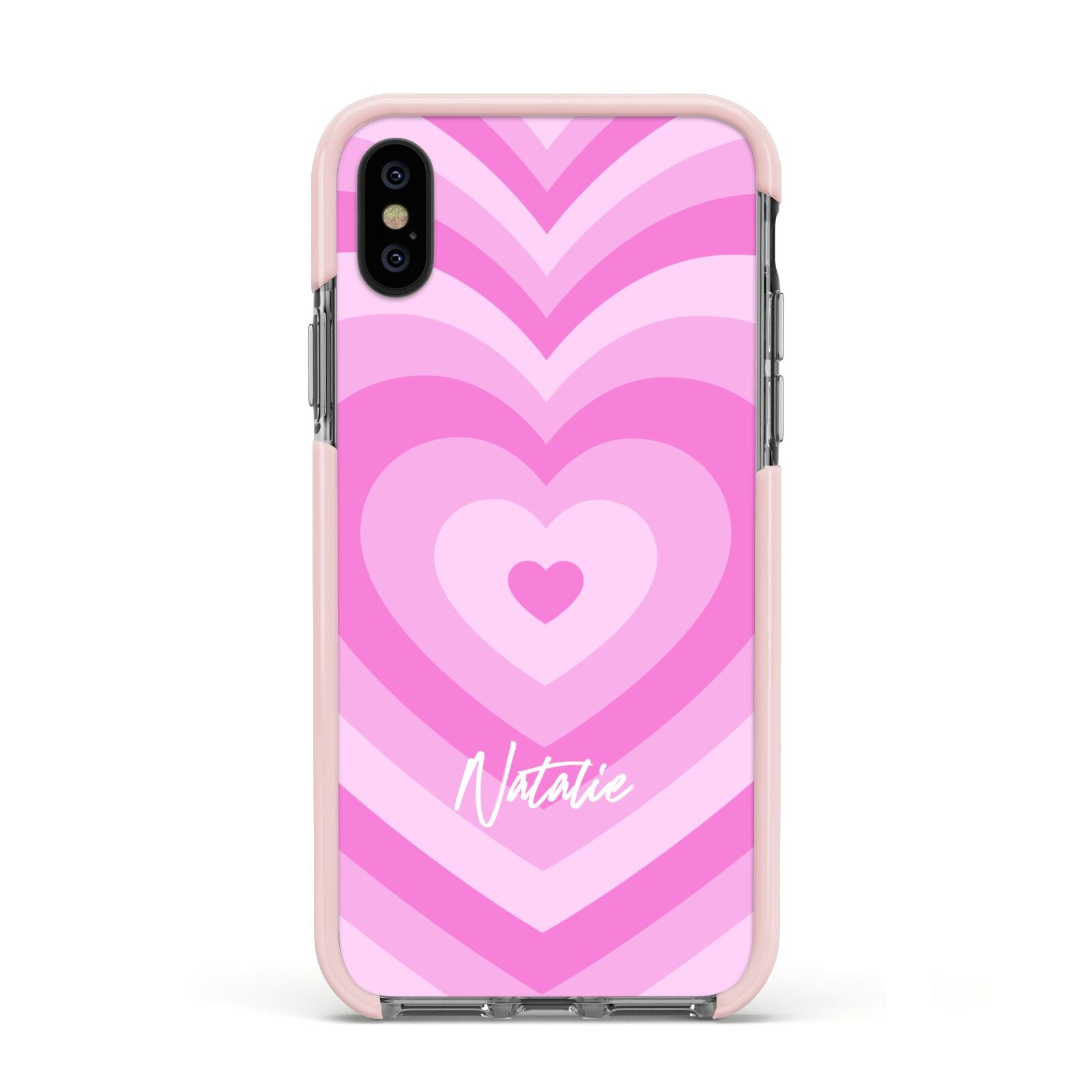 Personalised Pink Heart Apple iPhone Xs Impact Case Pink Edge on Black Phone