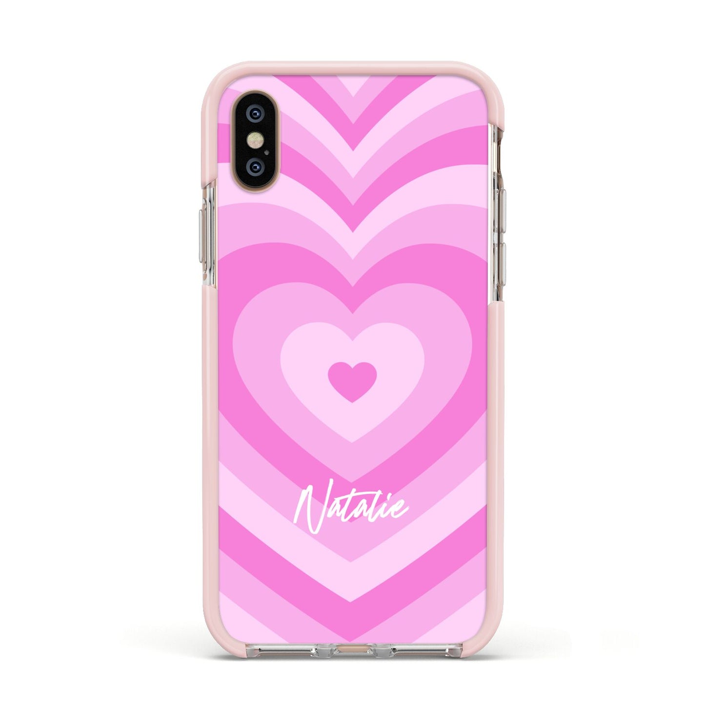 Personalised Pink Heart Apple iPhone Xs Impact Case Pink Edge on Gold Phone