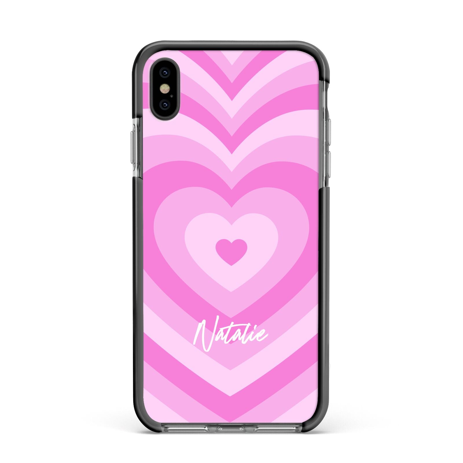 Personalised Pink Heart Apple iPhone Xs Max Impact Case Black Edge on Black Phone