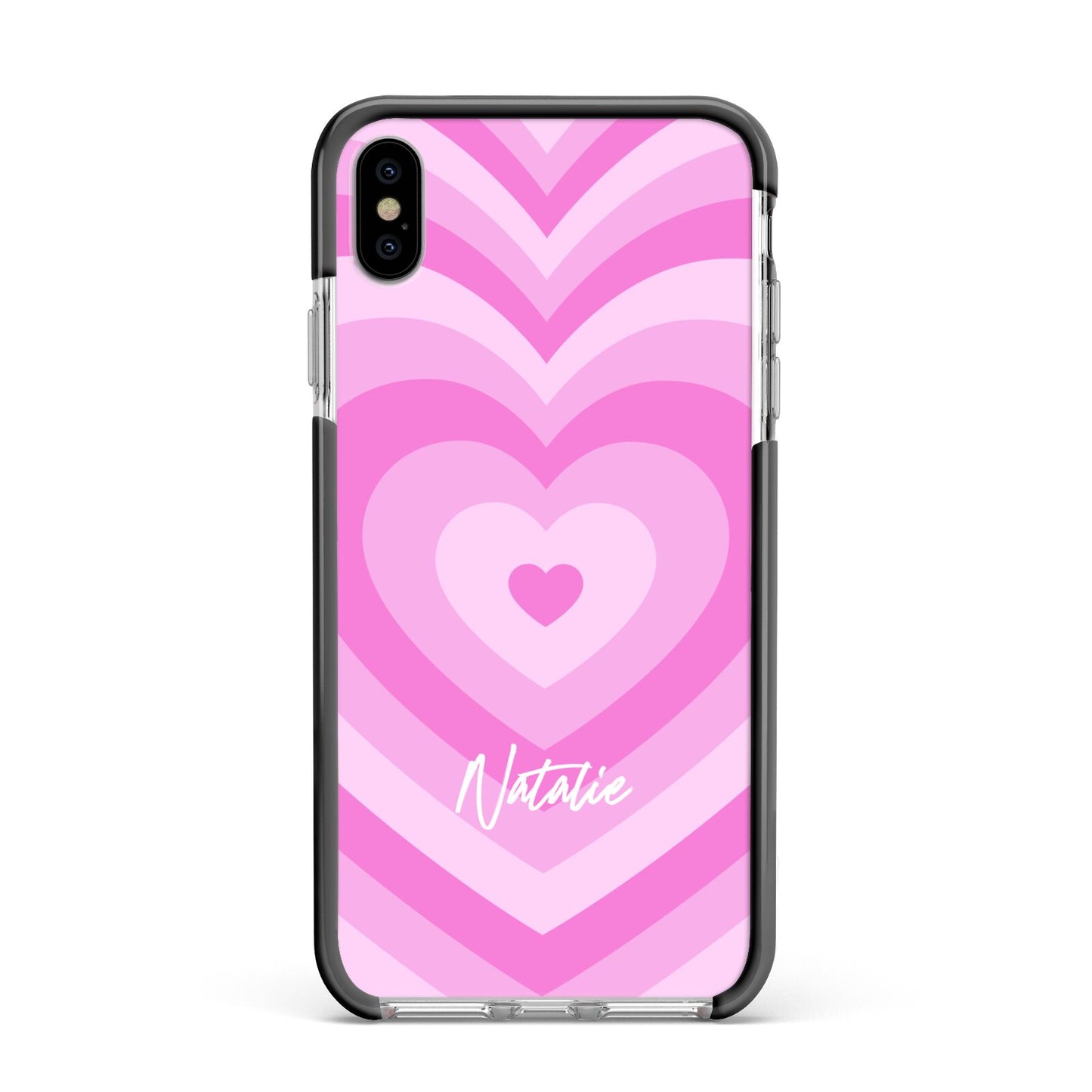 Personalised Pink Heart Apple iPhone Xs Max Impact Case Black Edge on Silver Phone