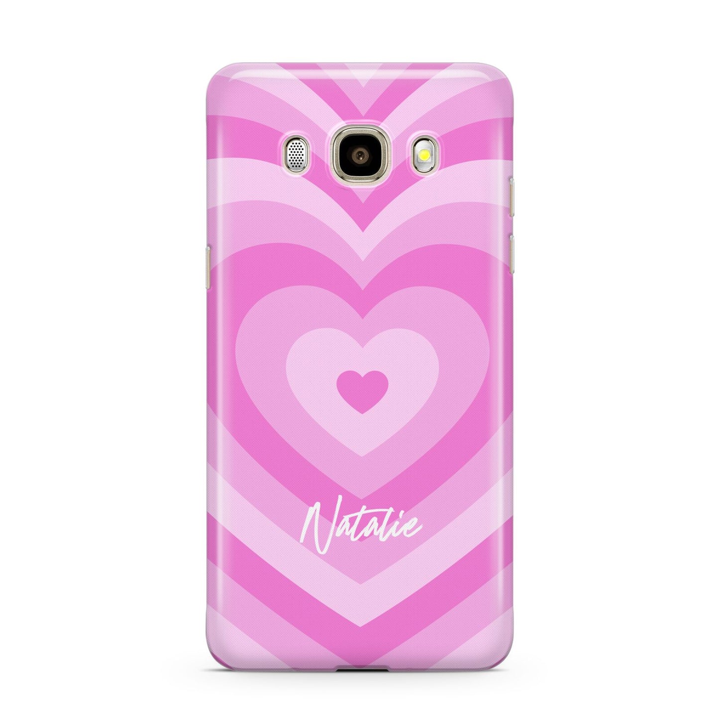 Personalised Pink Heart Samsung Galaxy J7 2016 Case on gold phone
