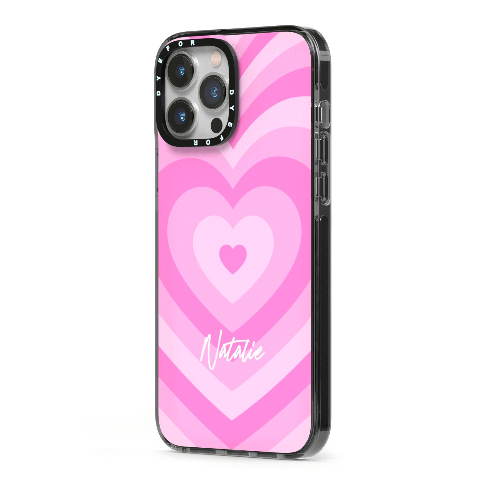 Personalised Pink Heart iPhone 13 Pro Max Black Impact Case Side Angle on Silver phone