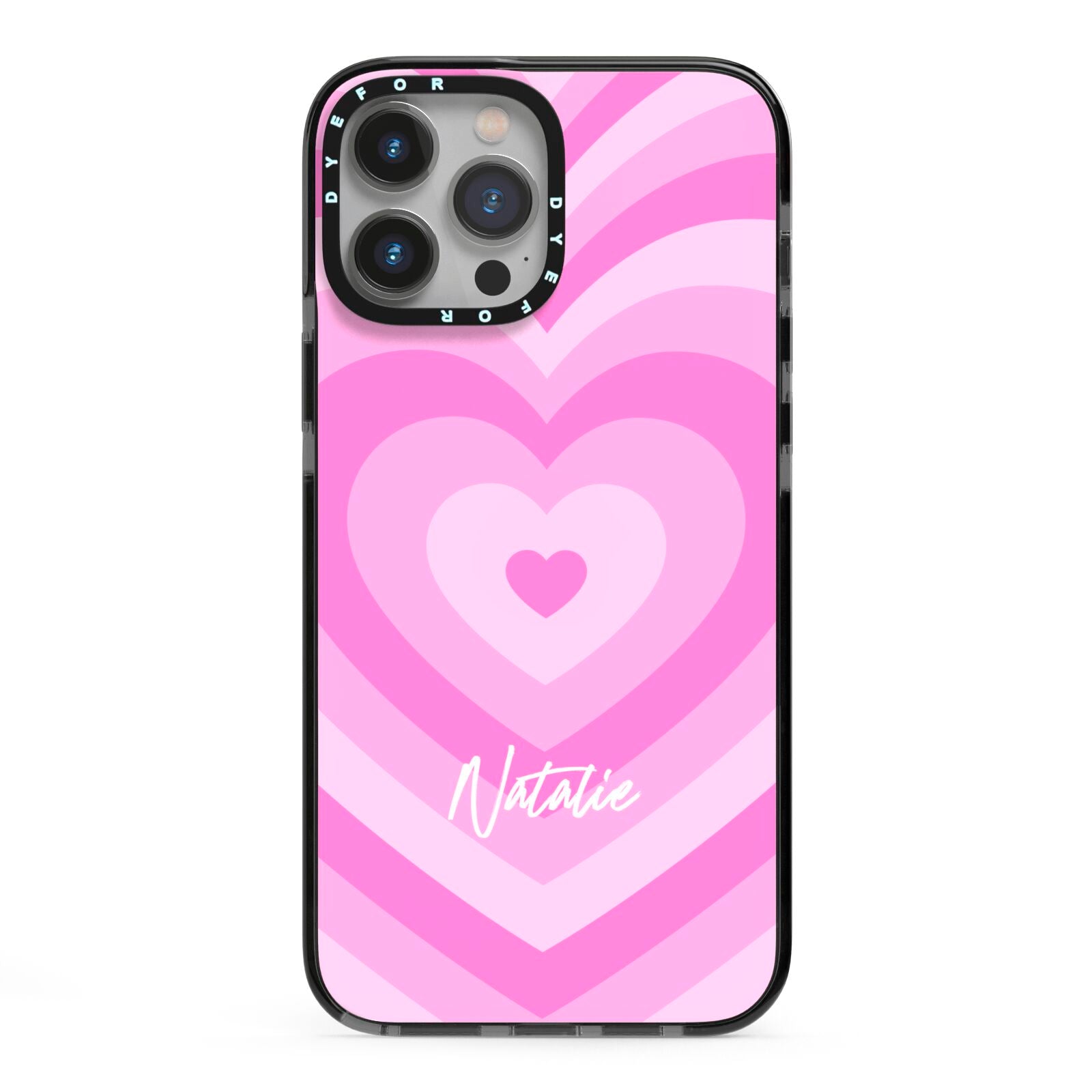 Personalised Pink Heart iPhone 13 Pro Max Black Impact Case on Silver phone