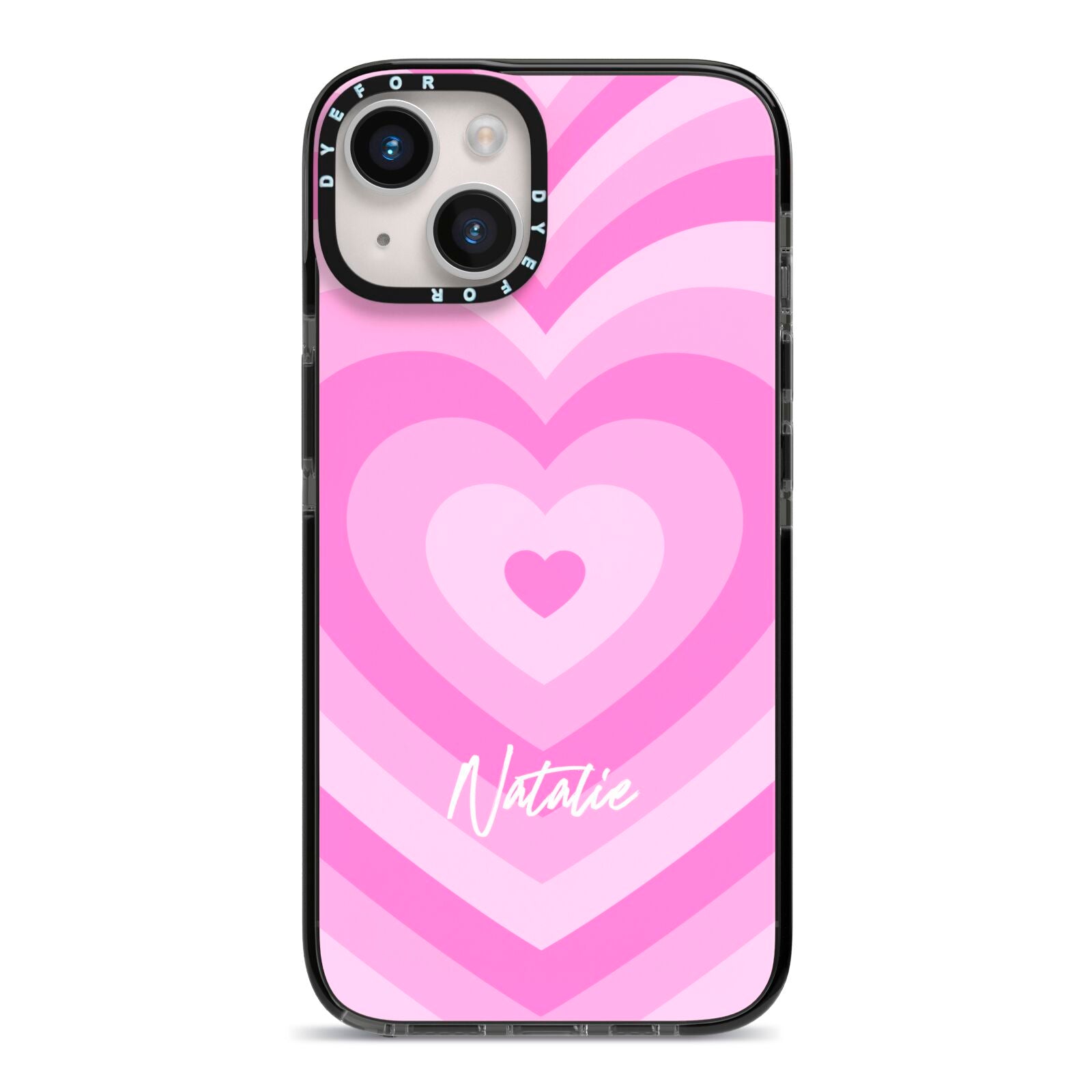 Personalised Pink Heart iPhone 14 Black Impact Case on Silver phone