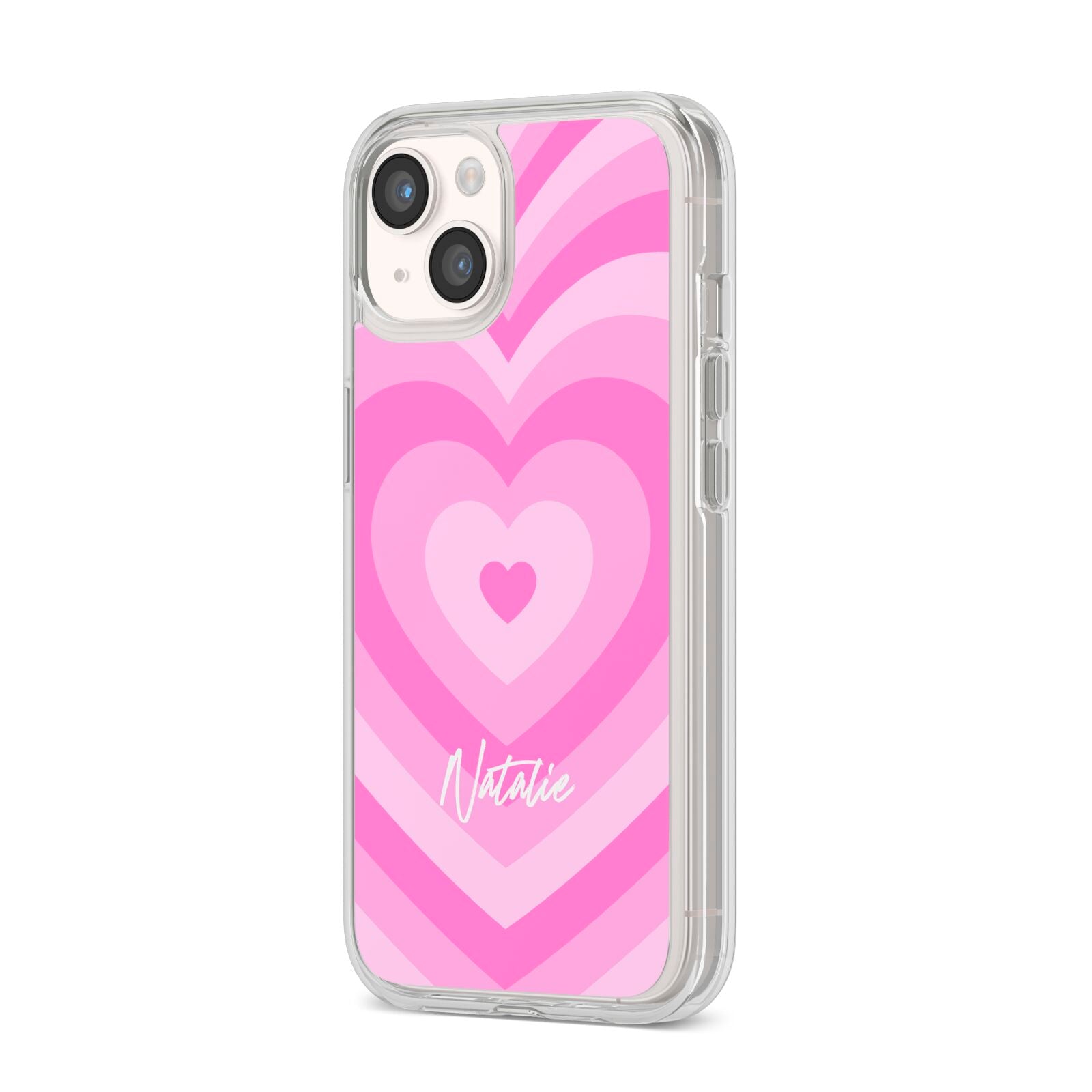 Personalised Pink Heart iPhone 14 Clear Tough Case Starlight Angled Image