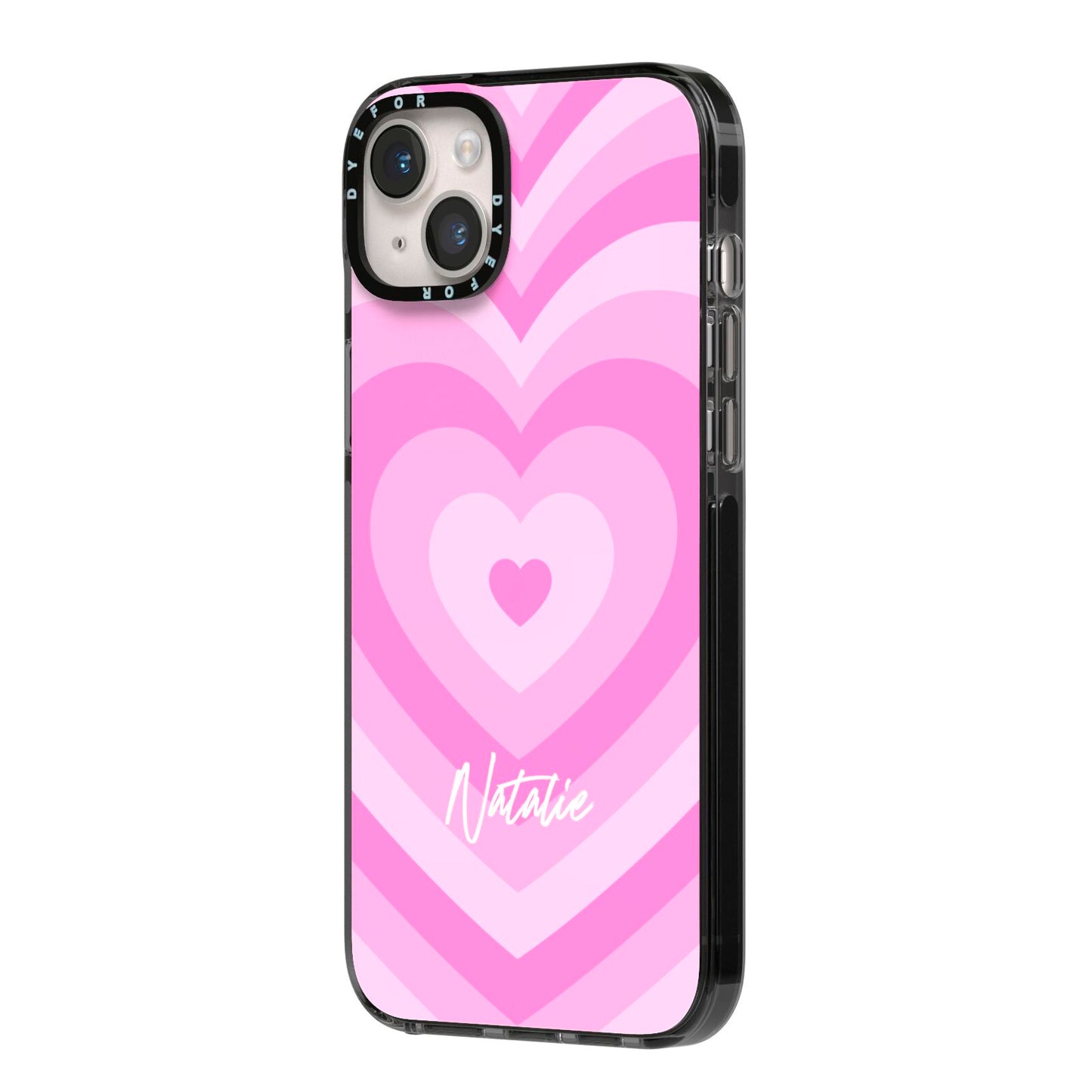 Personalised Pink Heart iPhone 14 Plus Black Impact Case Side Angle on Silver phone