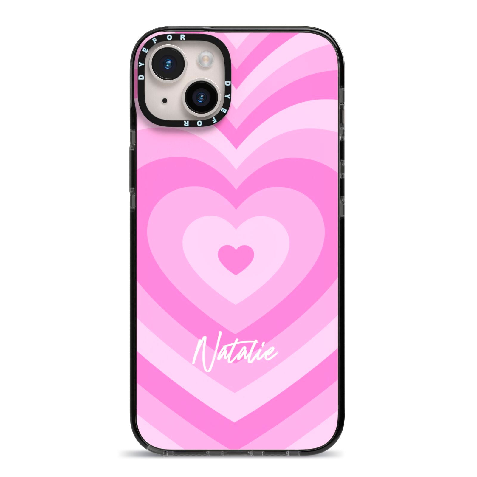 Personalised Pink Heart iPhone 14 Plus Black Impact Case on Silver phone
