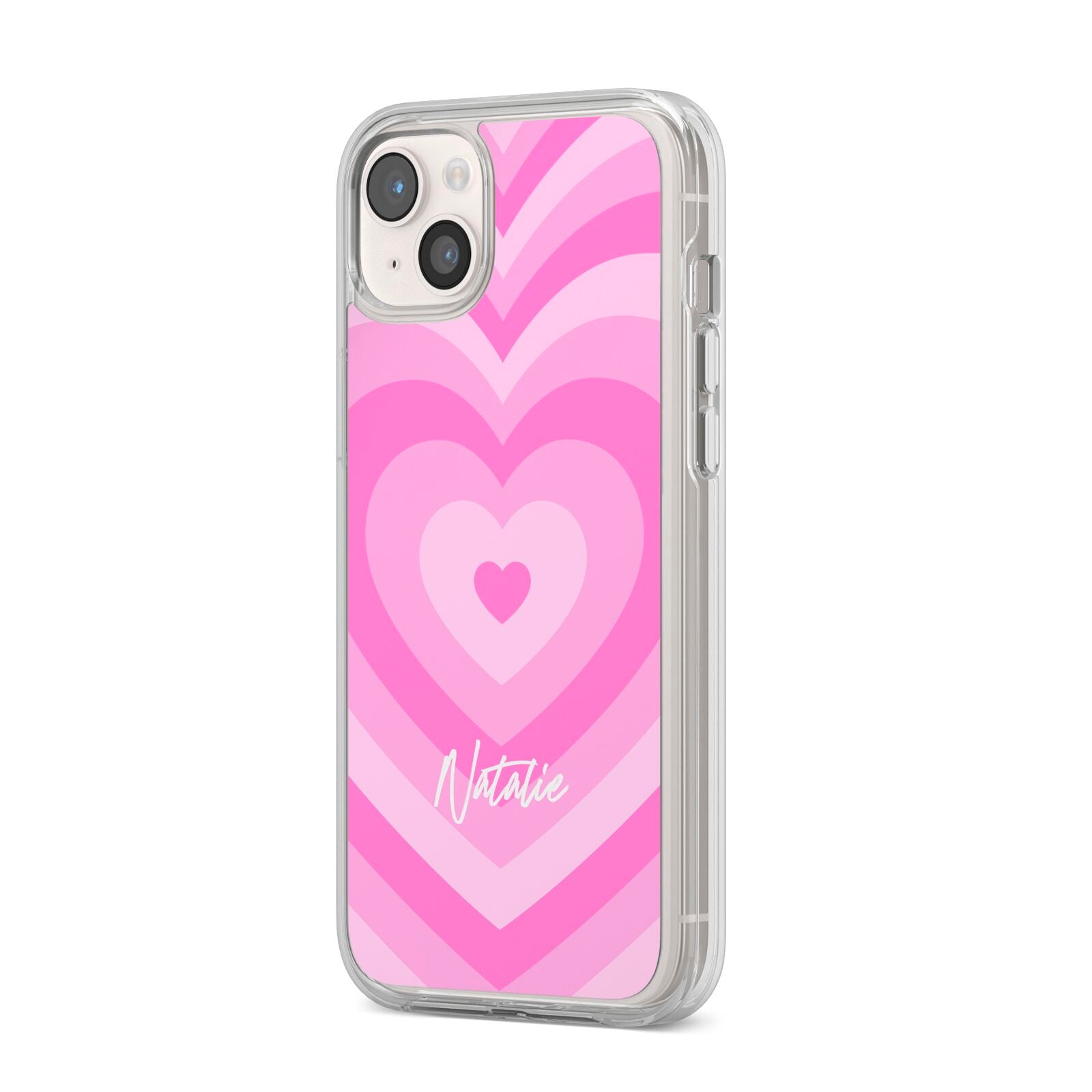 Personalised Pink Heart iPhone 14 Plus Clear Tough Case Starlight Angled Image