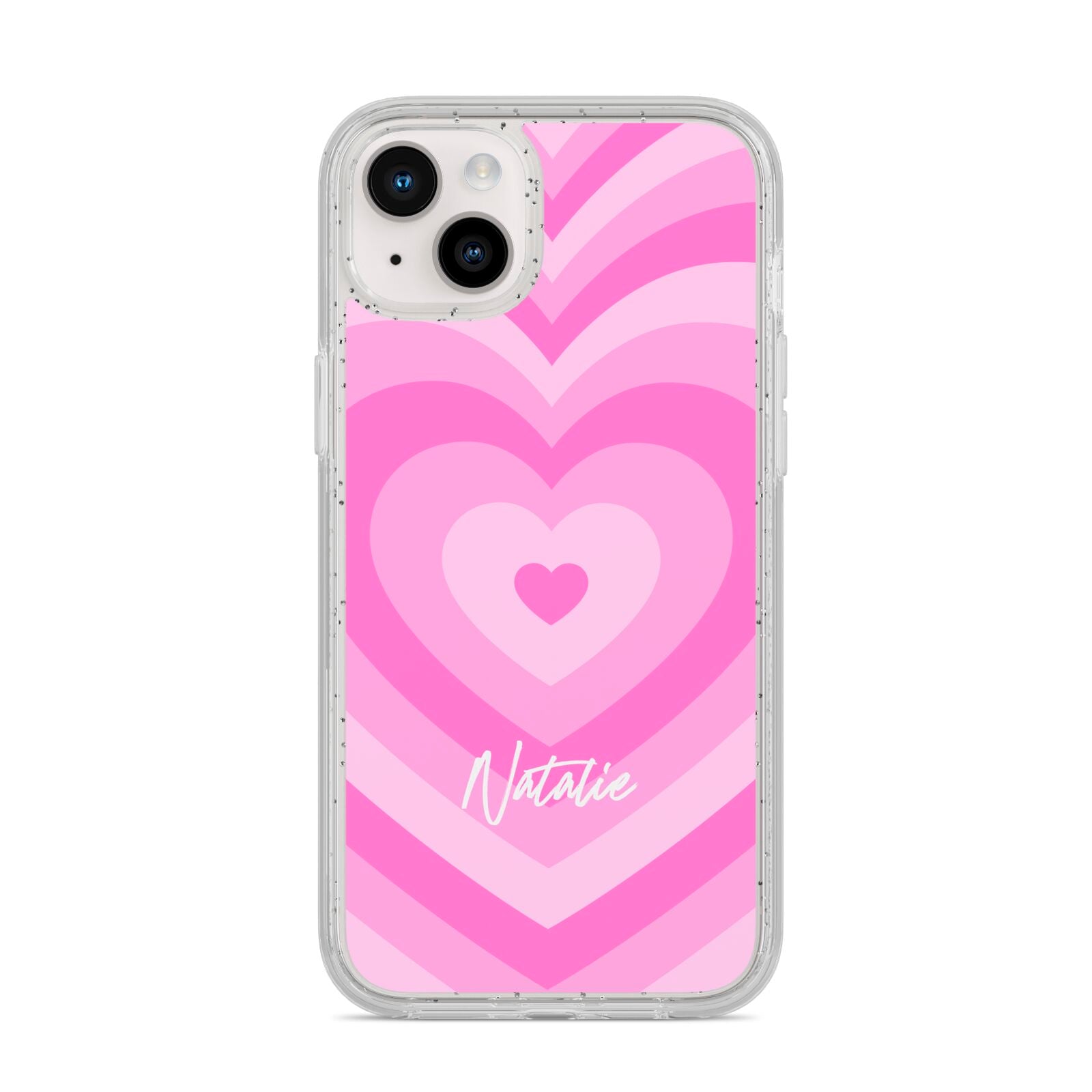 Personalised Pink Heart iPhone 14 Plus Glitter Tough Case Starlight