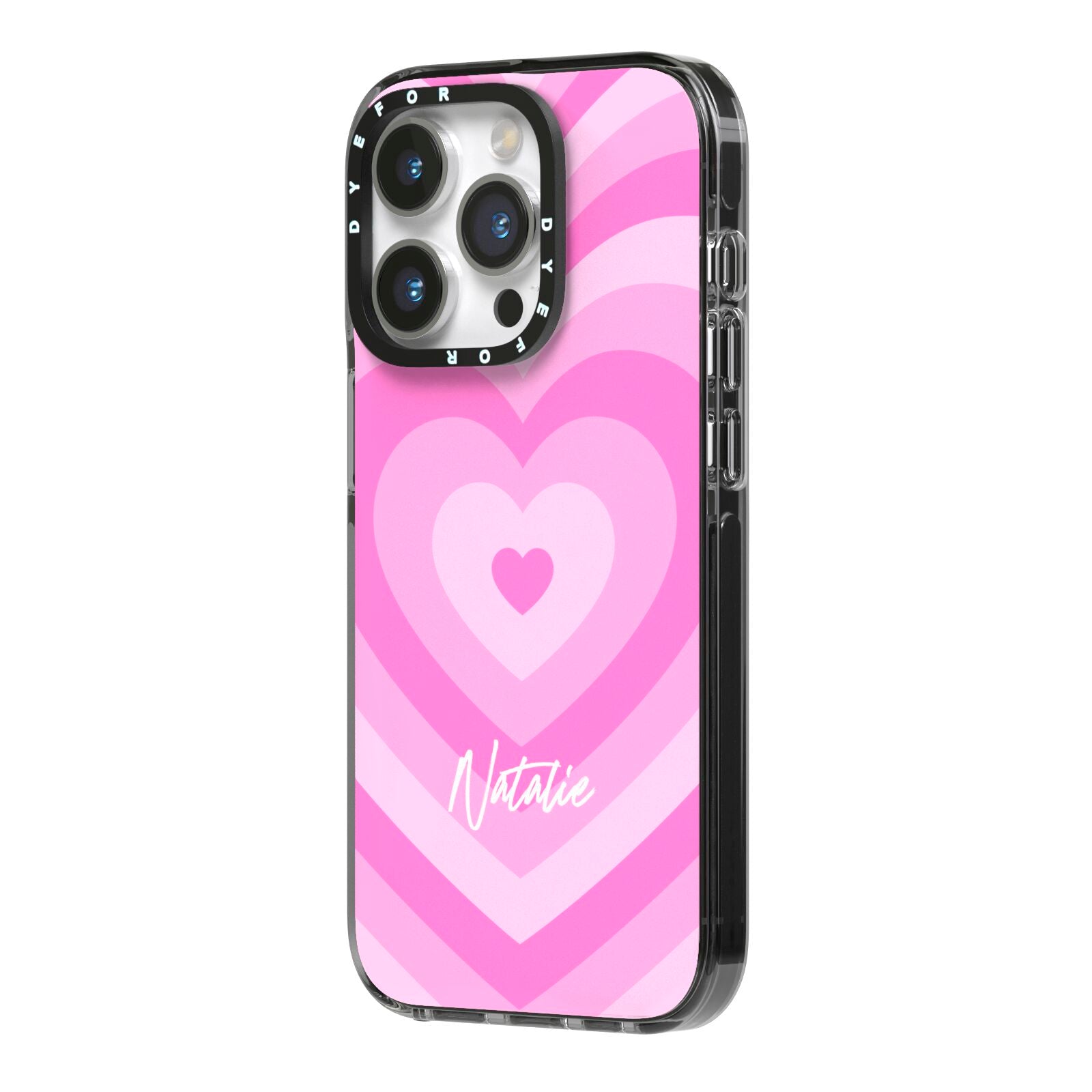 Personalised Pink Heart iPhone 14 Pro Black Impact Case Side Angle on Silver phone