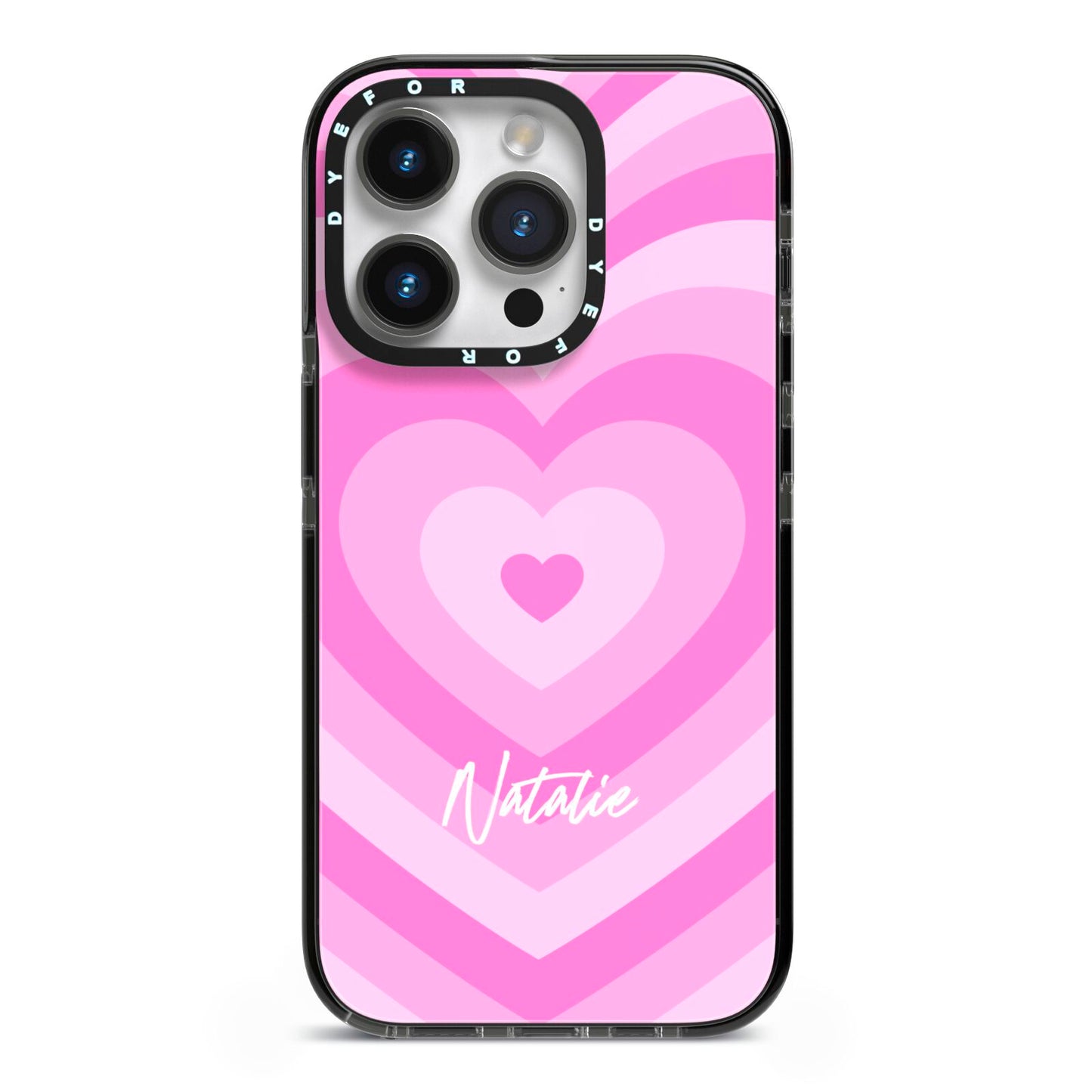 Personalised Pink Heart iPhone 14 Pro Black Impact Case on Silver phone