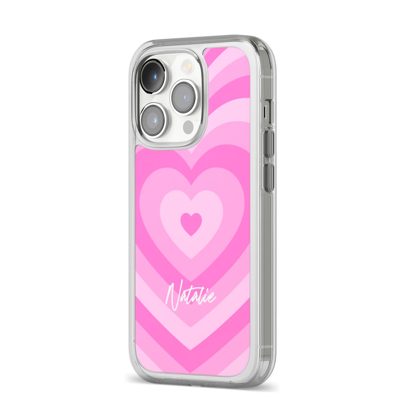 Personalised Pink Heart iPhone 14 Pro Clear Tough Case Silver Angled Image