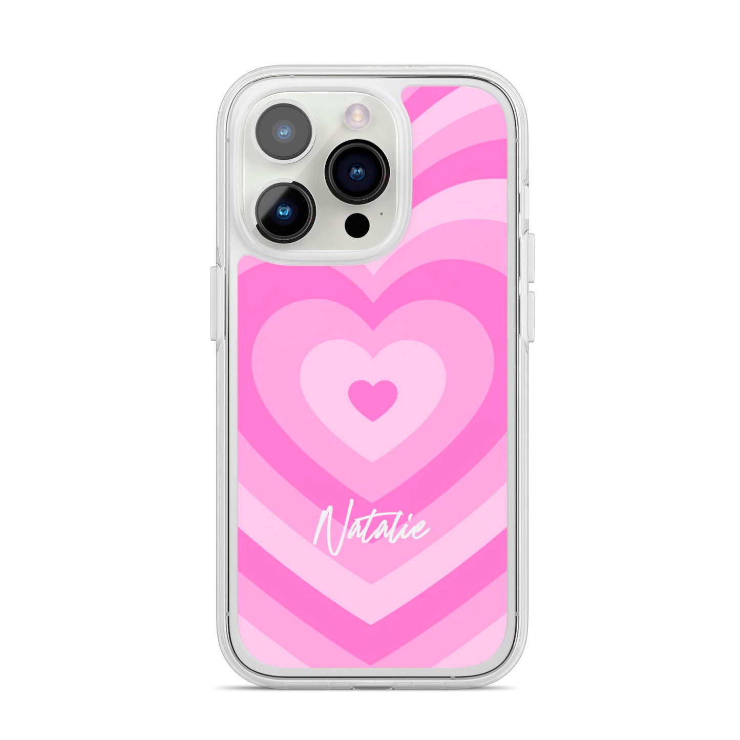 Personalised Pink Heart iPhone 14 Pro Clear Tough Case Silver
