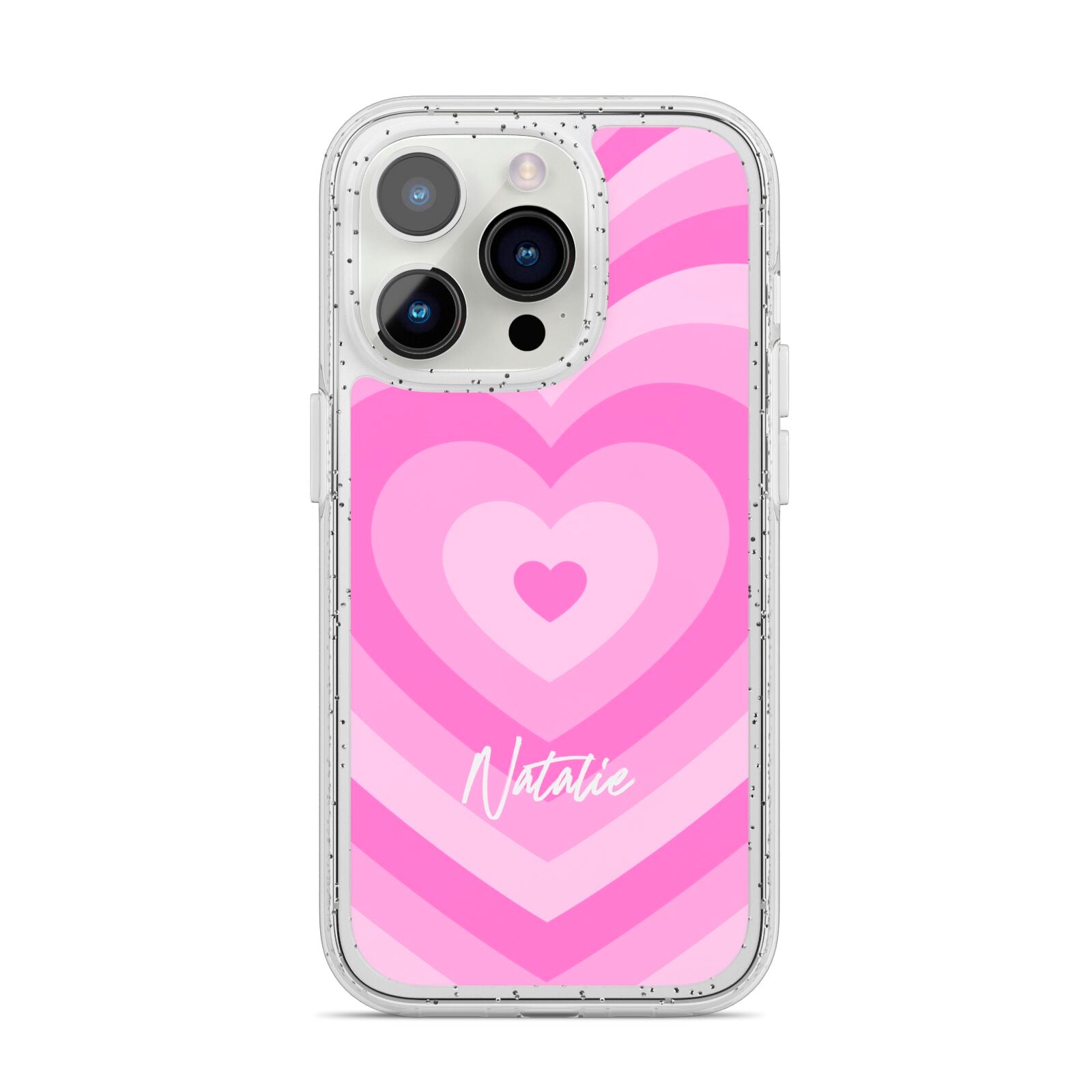 Personalised Pink Heart iPhone 14 Pro Glitter Tough Case Silver