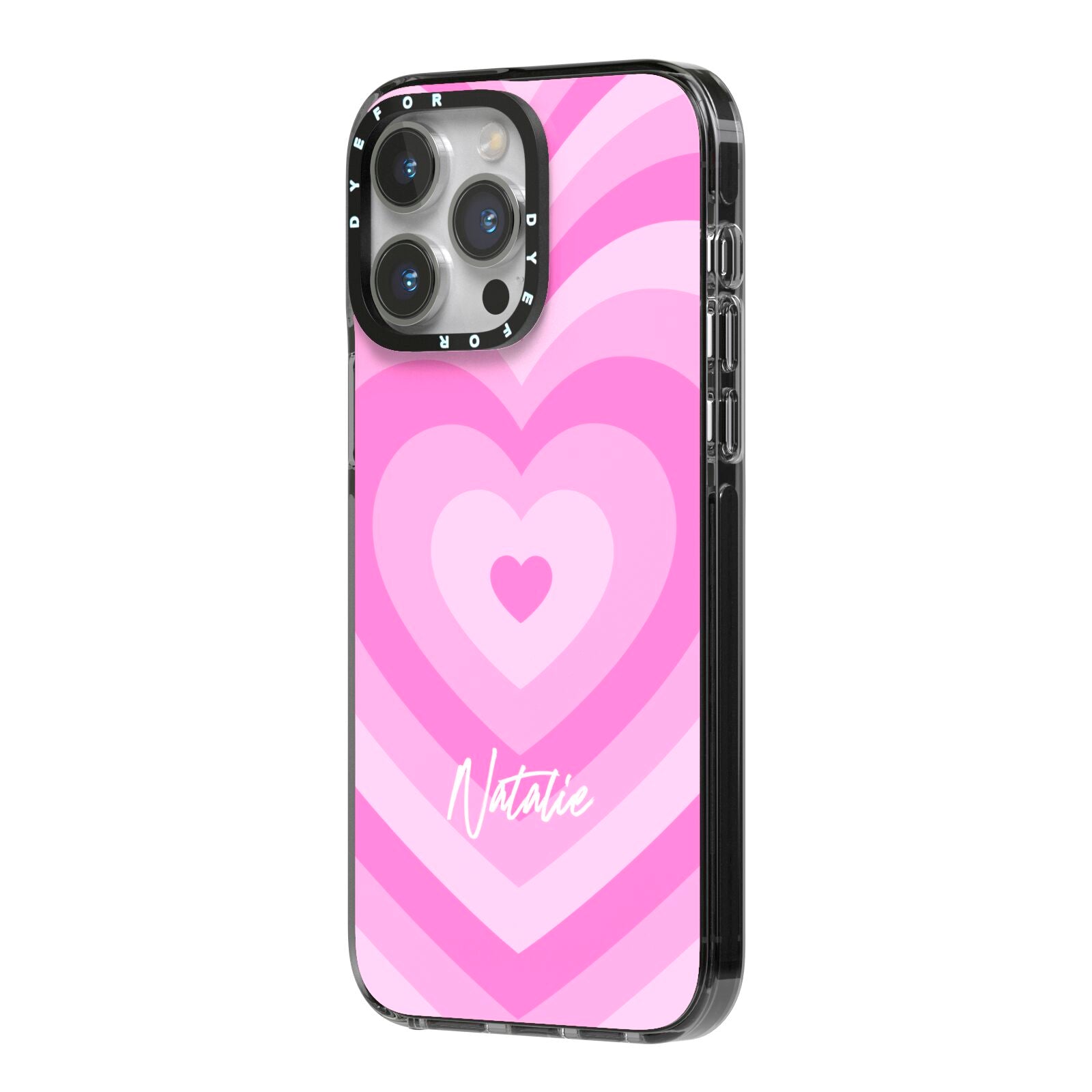 Personalised Pink Heart iPhone 14 Pro Max Black Impact Case Side Angle on Silver phone