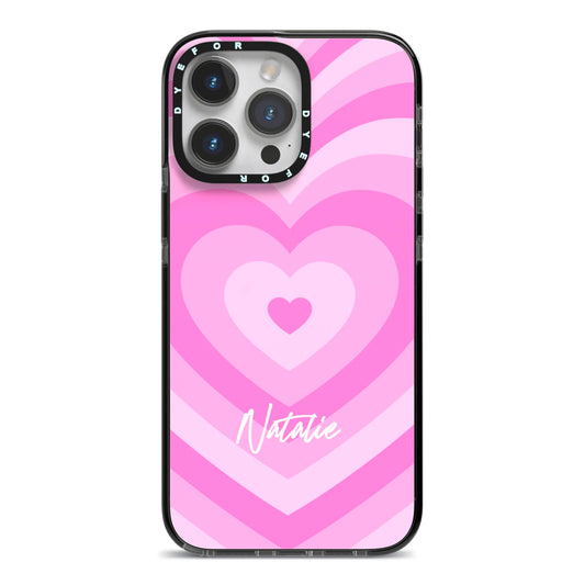 Personalised Pink Heart iPhone 14 Pro Max Black Impact Case on Silver phone