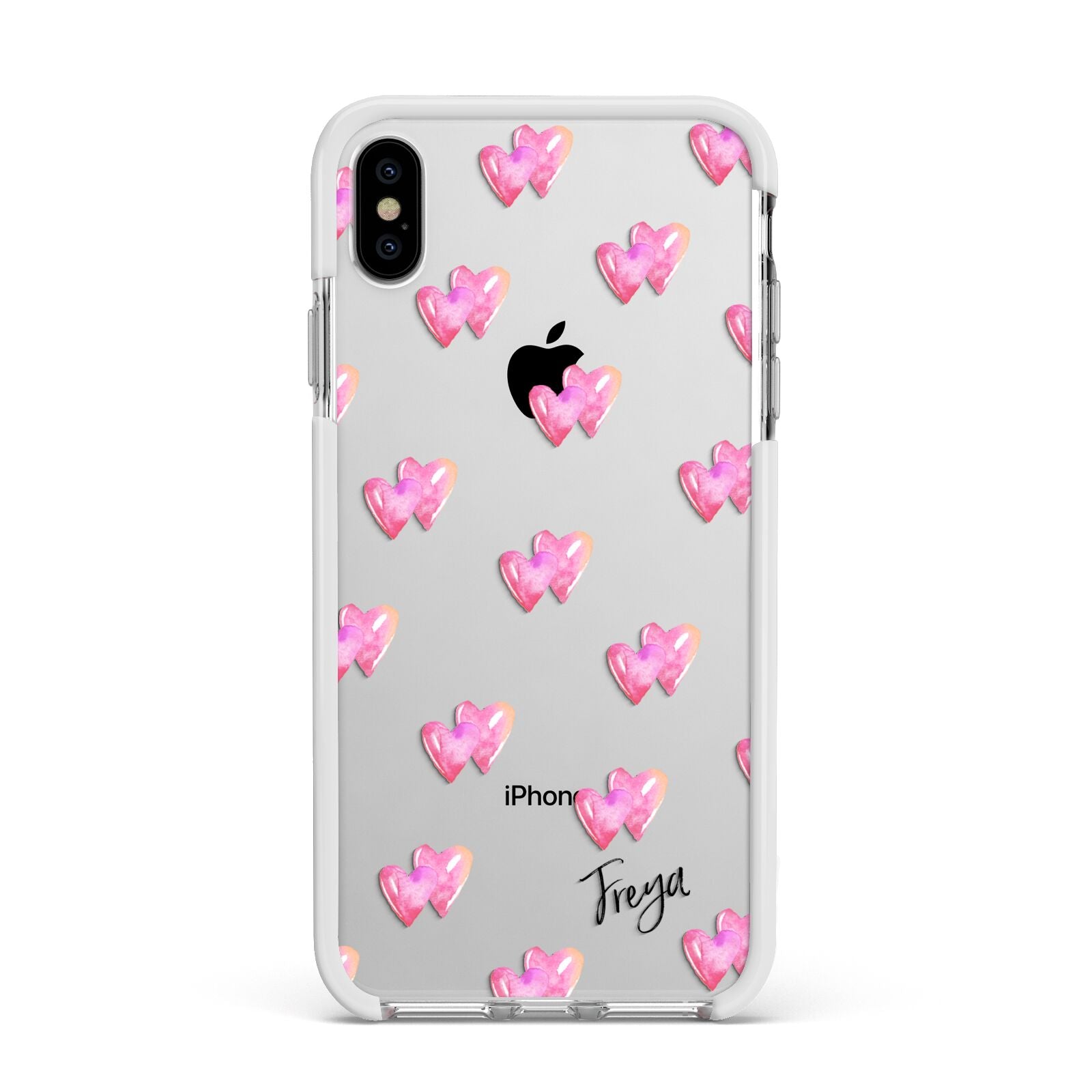 Personalised Pink Hearts Apple iPhone Xs Max Impact Case White Edge on Silver Phone