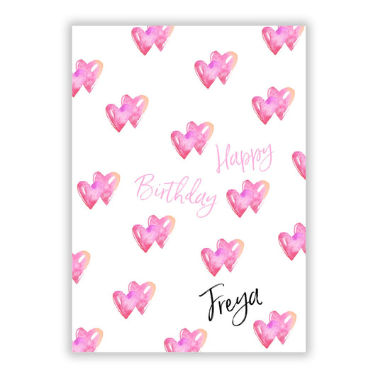 Personalised Pink Hearts Birthday A5 Flat Greetings Card