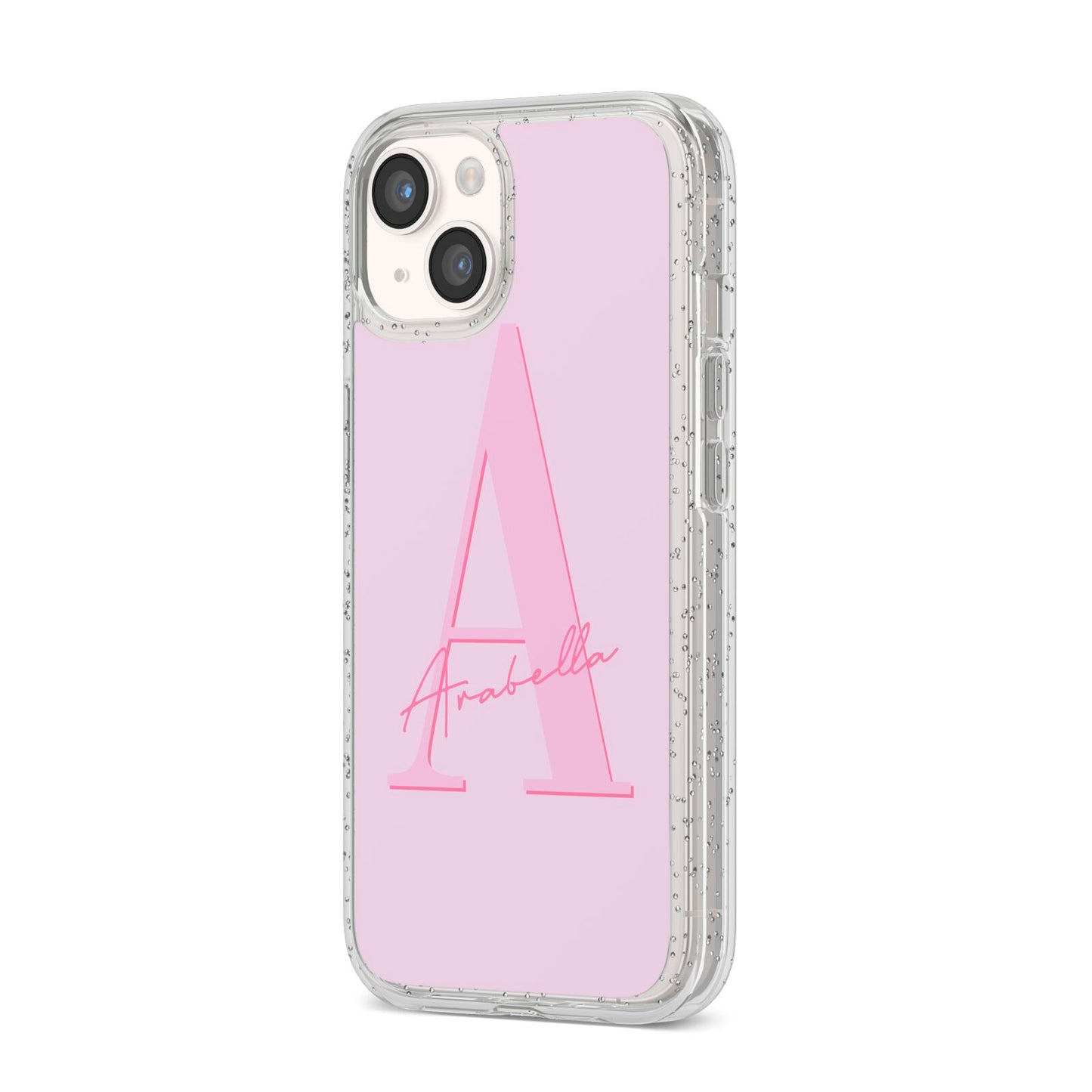 Personalised Pink Initial iPhone 14 Glitter Tough Case Starlight Angled Image