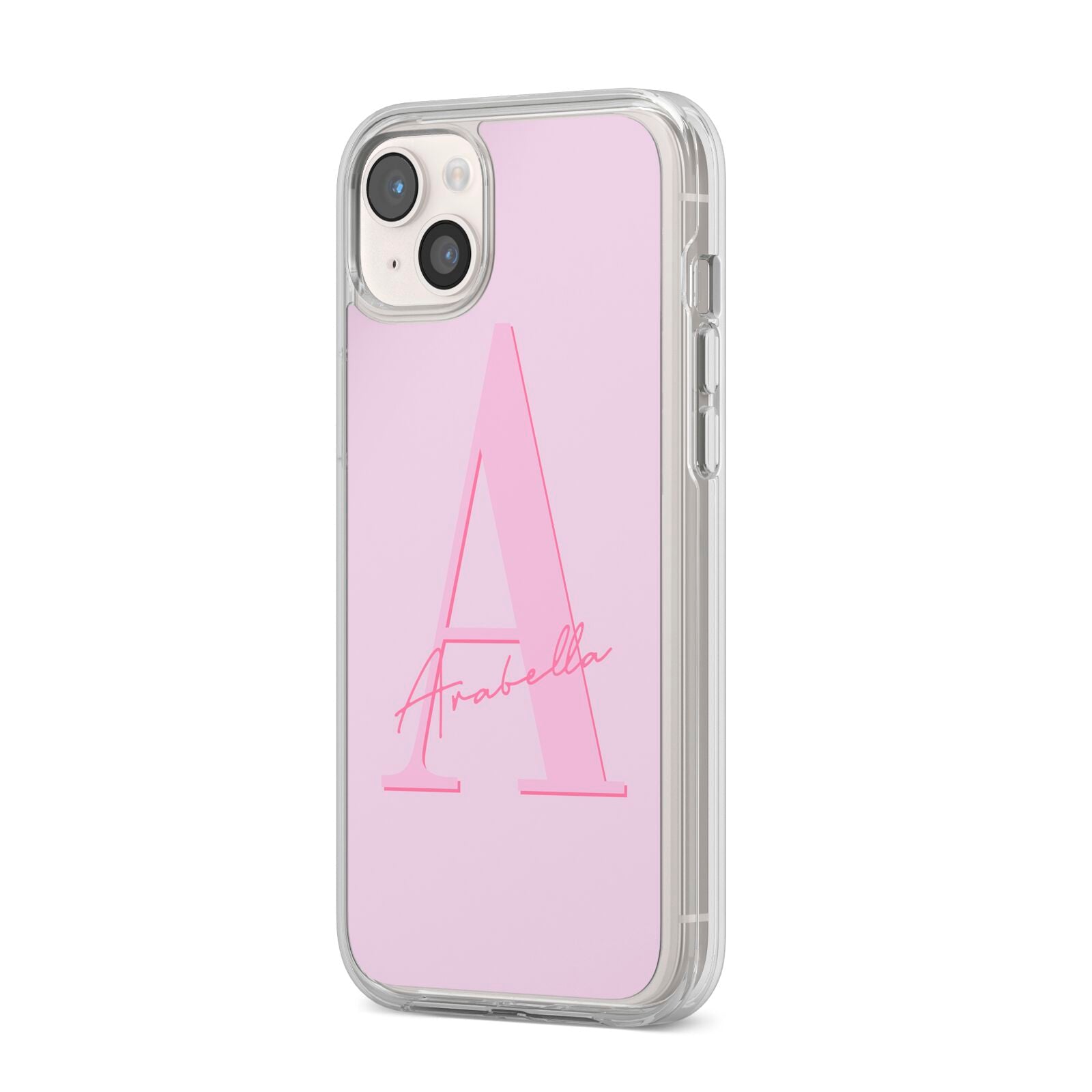 Personalised Pink Initial iPhone 14 Plus Clear Tough Case Starlight Angled Image