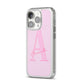 Personalised Pink Initial iPhone 14 Pro Clear Tough Case Silver Angled Image