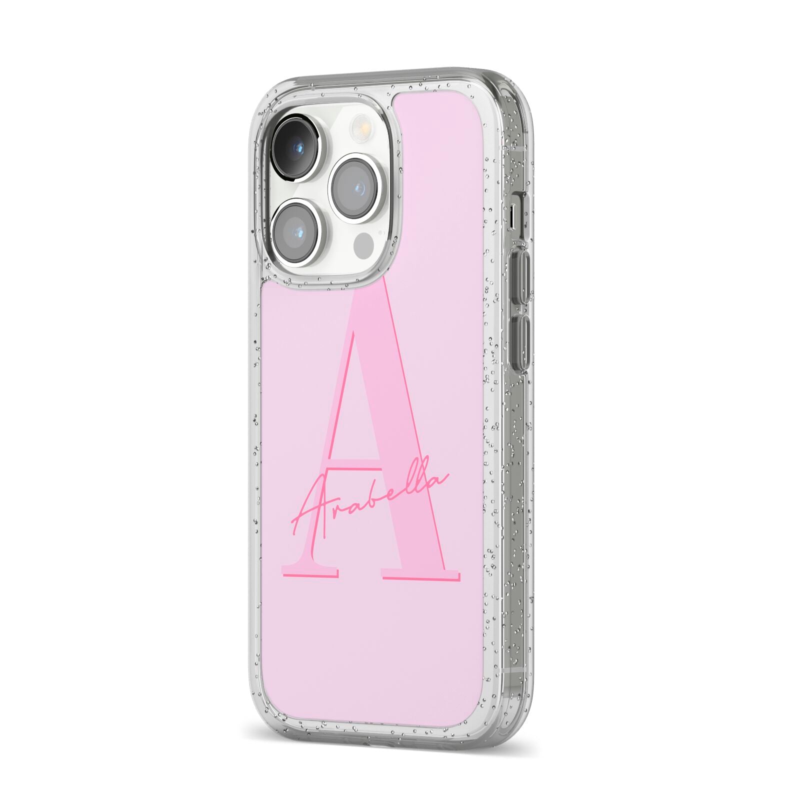 Personalised Pink Initial iPhone 14 Pro Glitter Tough Case Silver Angled Image