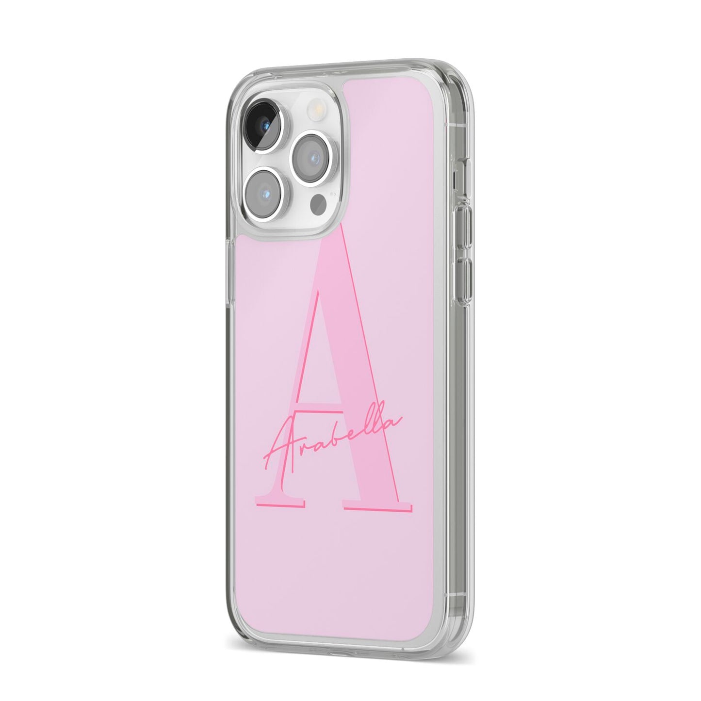 Personalised Pink Initial iPhone 14 Pro Max Clear Tough Case Silver Angled Image