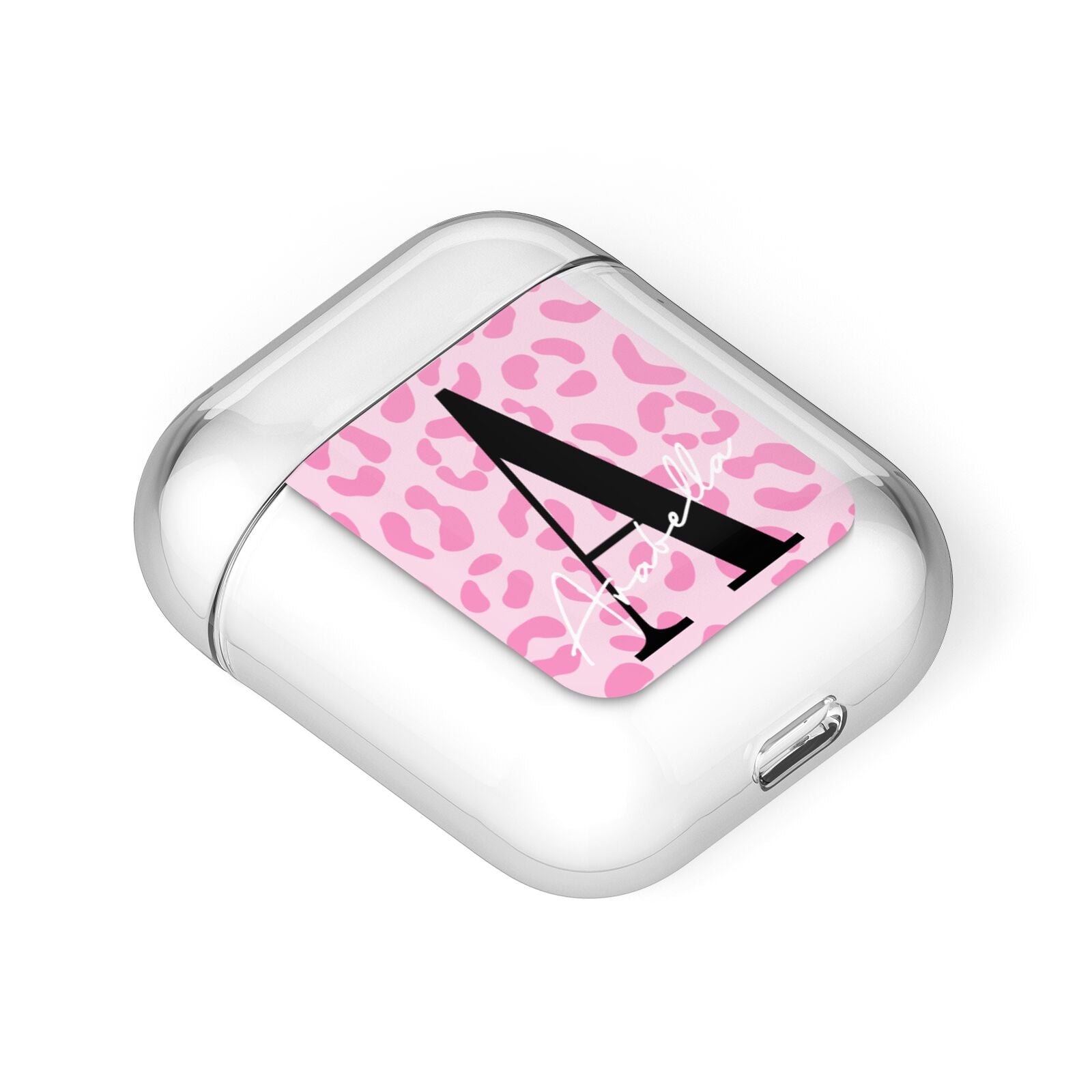 Personalised Pink Leopard Print AirPods Case Laid Flat