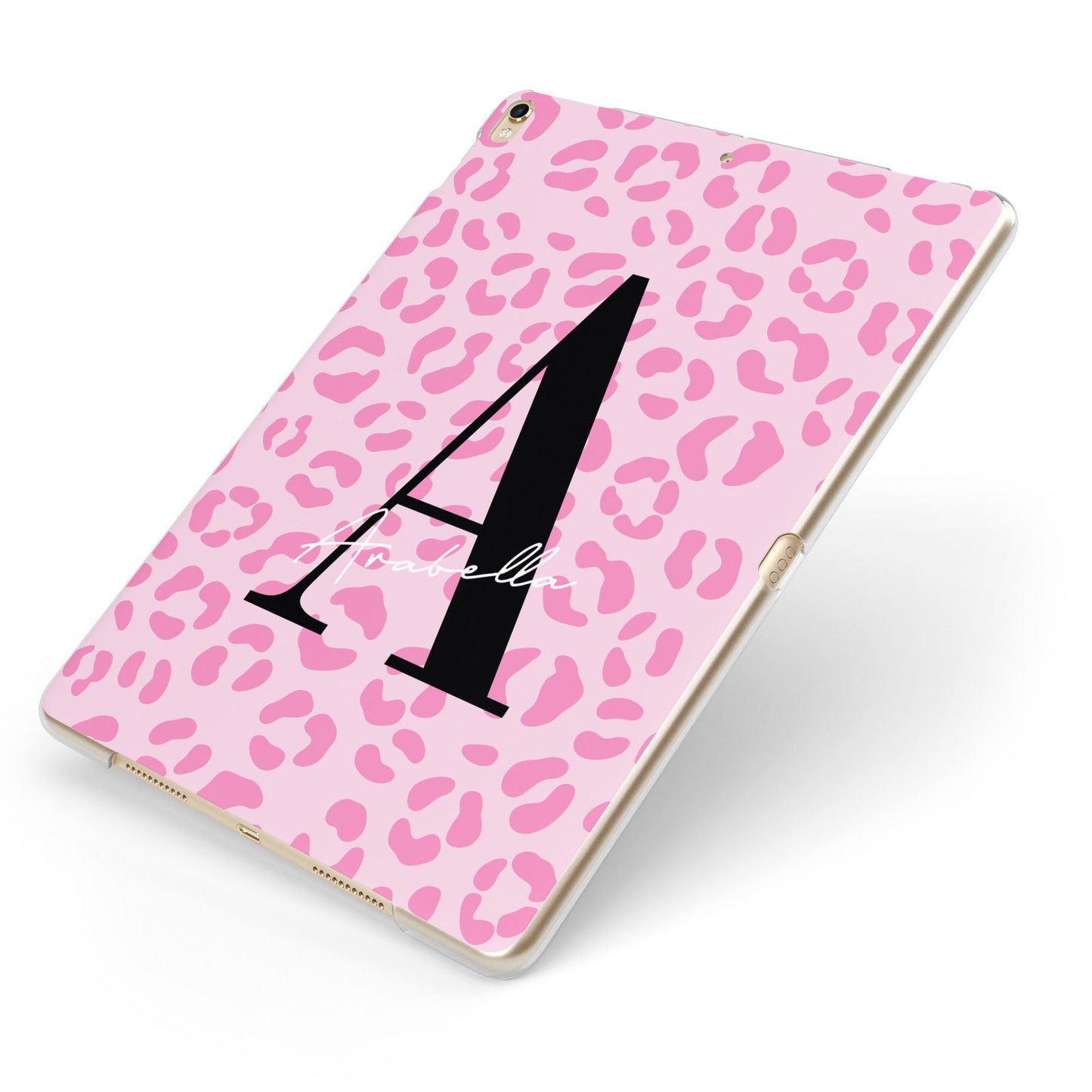 Personalised Pink Leopard Print Apple iPad Case on Gold iPad Side View