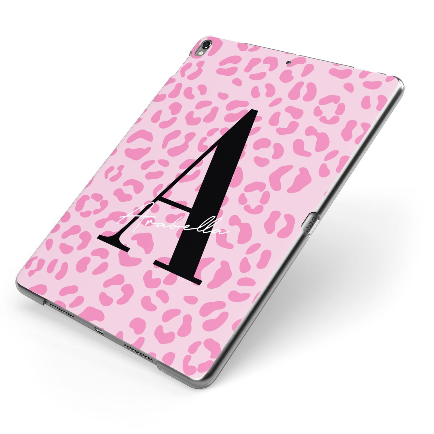 Personalised Pink Leopard Print Apple iPad Case on Grey iPad Side View