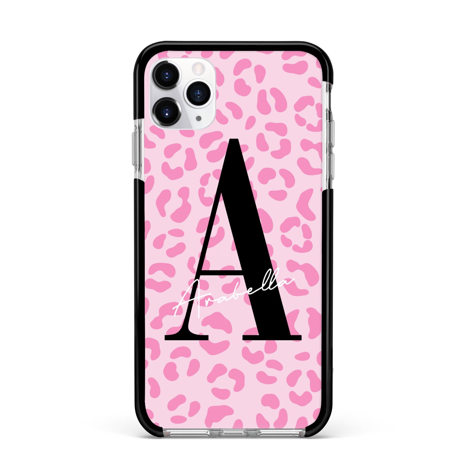 Personalised Pink Leopard Print Apple iPhone 11 Pro Max in Silver with Black Impact Case