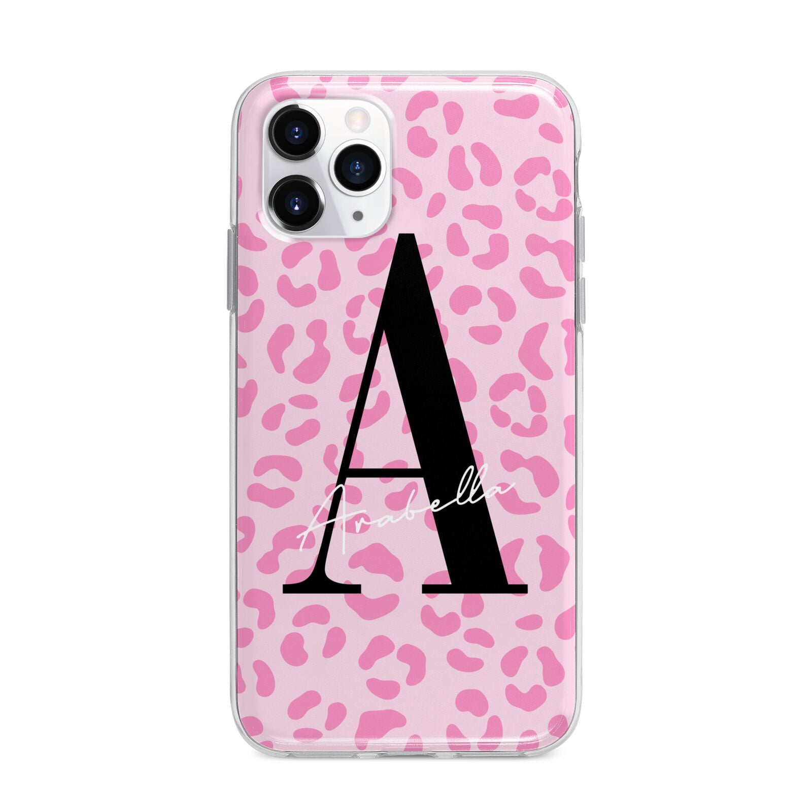 Personalised Pink Leopard Print Apple iPhone 11 Pro Max in Silver with Bumper Case