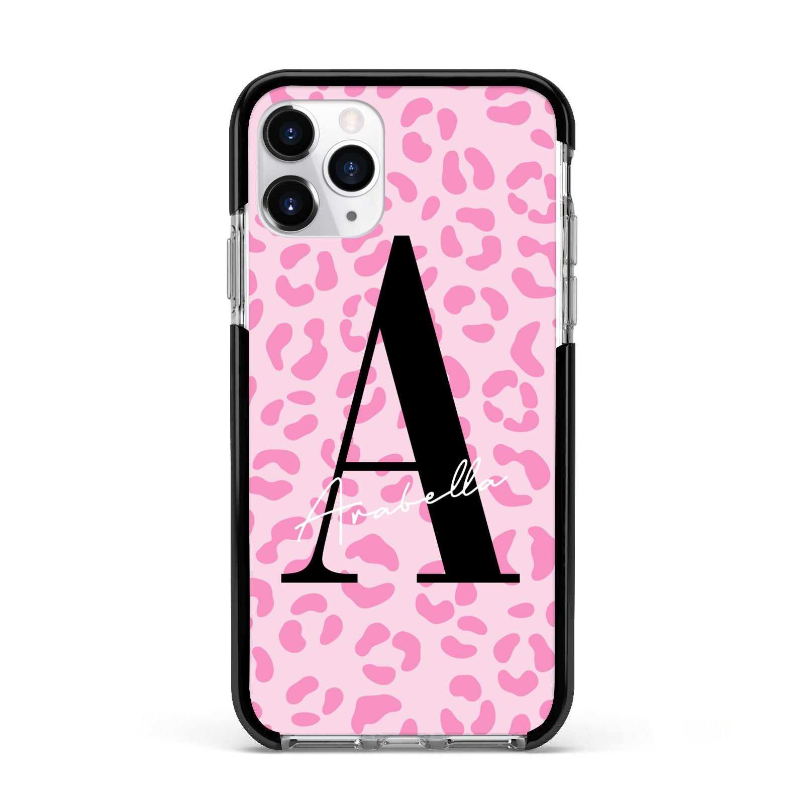 Personalised Pink Leopard Print Apple iPhone 11 Pro in Silver with Black Impact Case