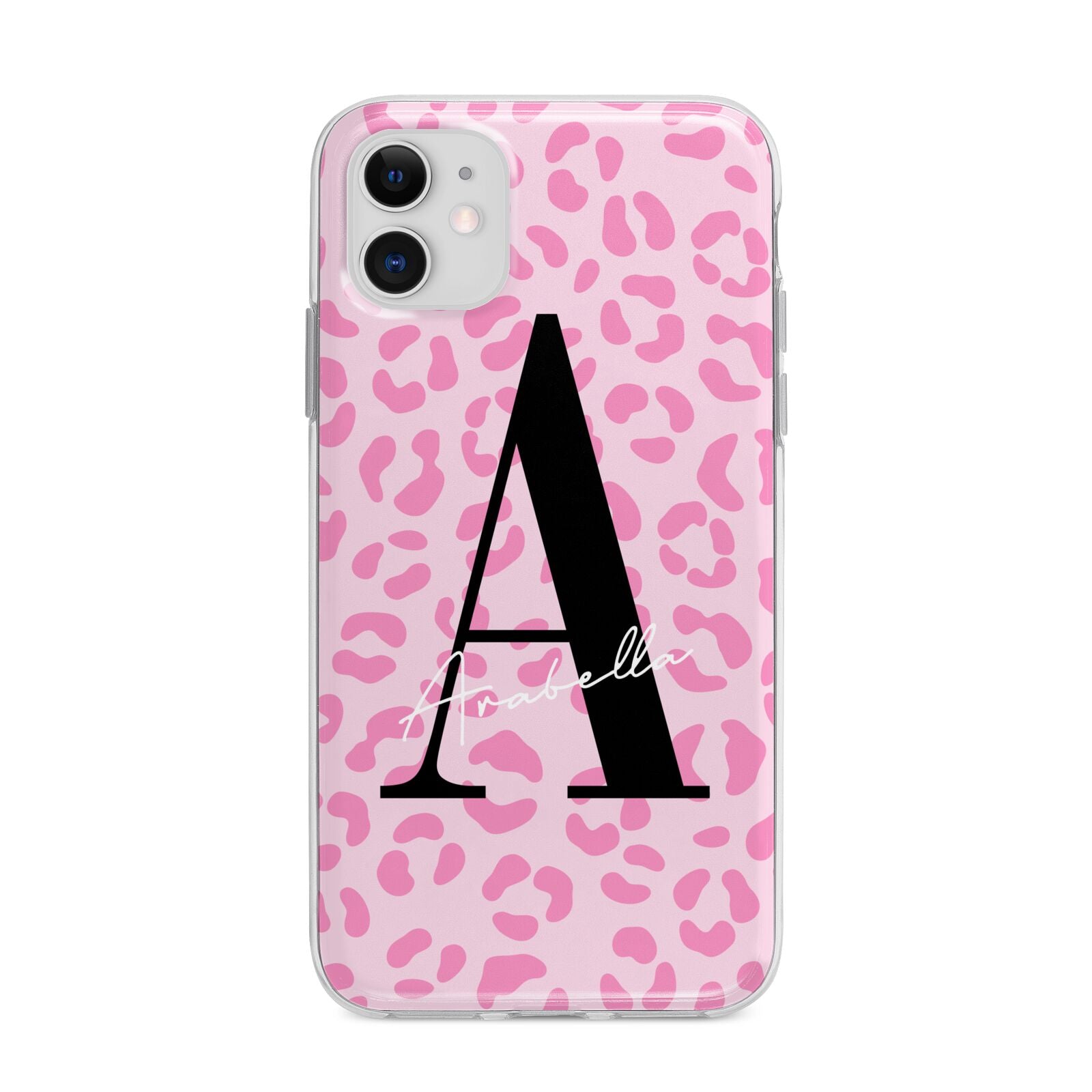 Personalised Pink Leopard Print Apple iPhone 11 in White with Bumper Case
