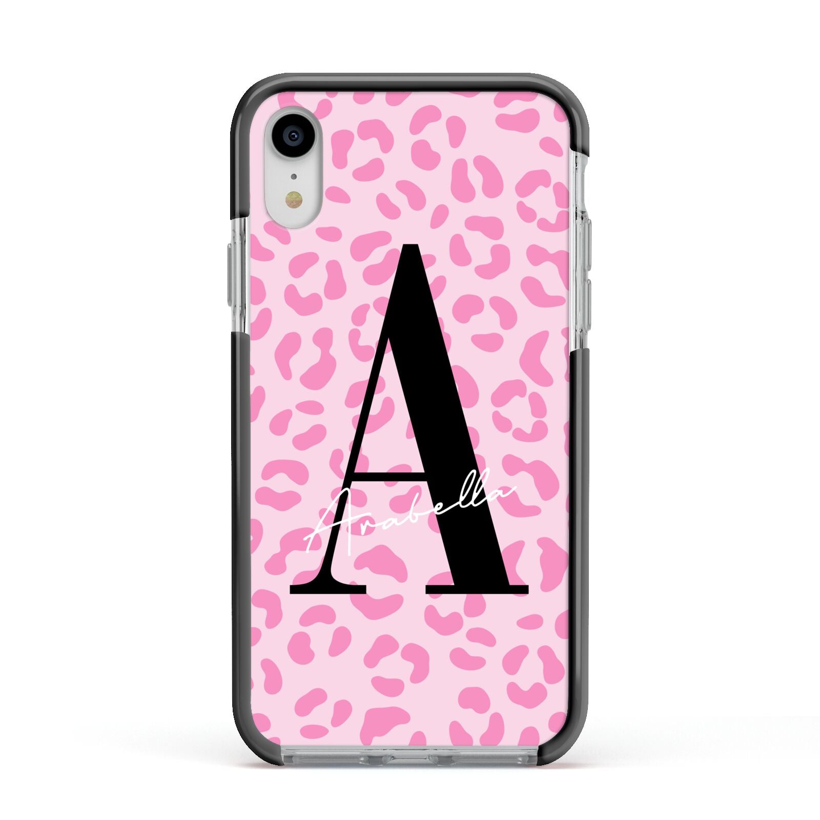 Personalised Pink Leopard Print Apple iPhone XR Impact Case Black Edge on Silver Phone