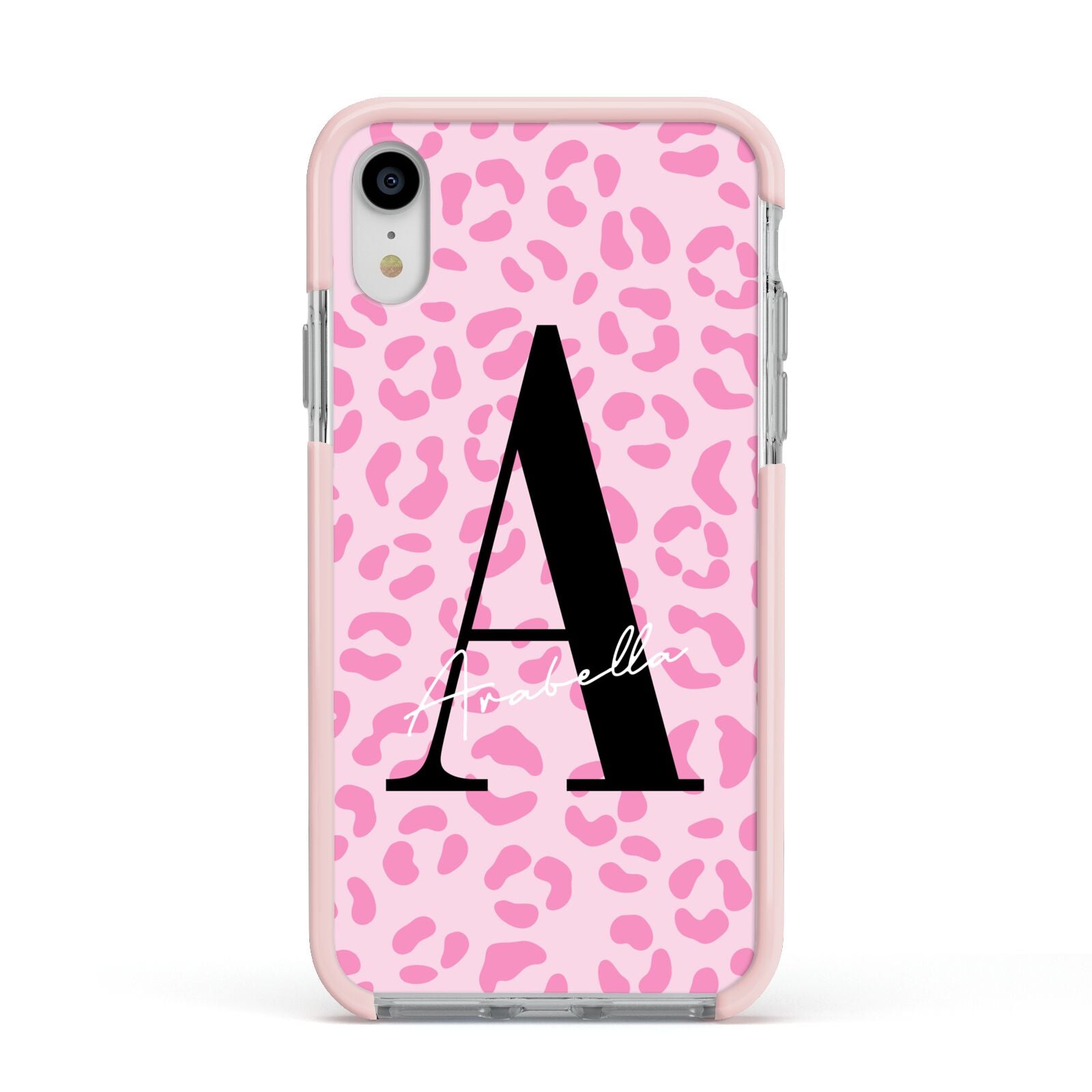 Personalised Pink Leopard Print Apple iPhone XR Impact Case Pink Edge on Silver Phone