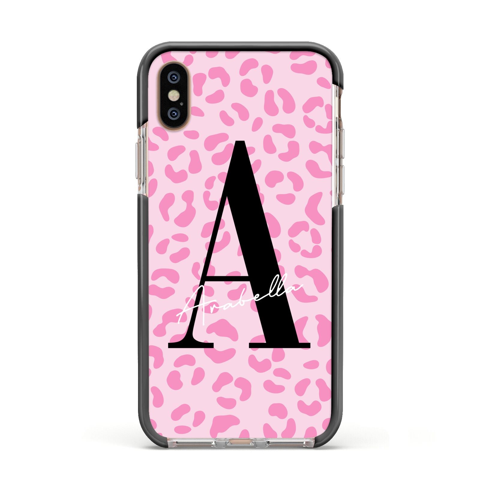 Personalised Pink Leopard Print Apple iPhone Xs Impact Case Black Edge on Gold Phone