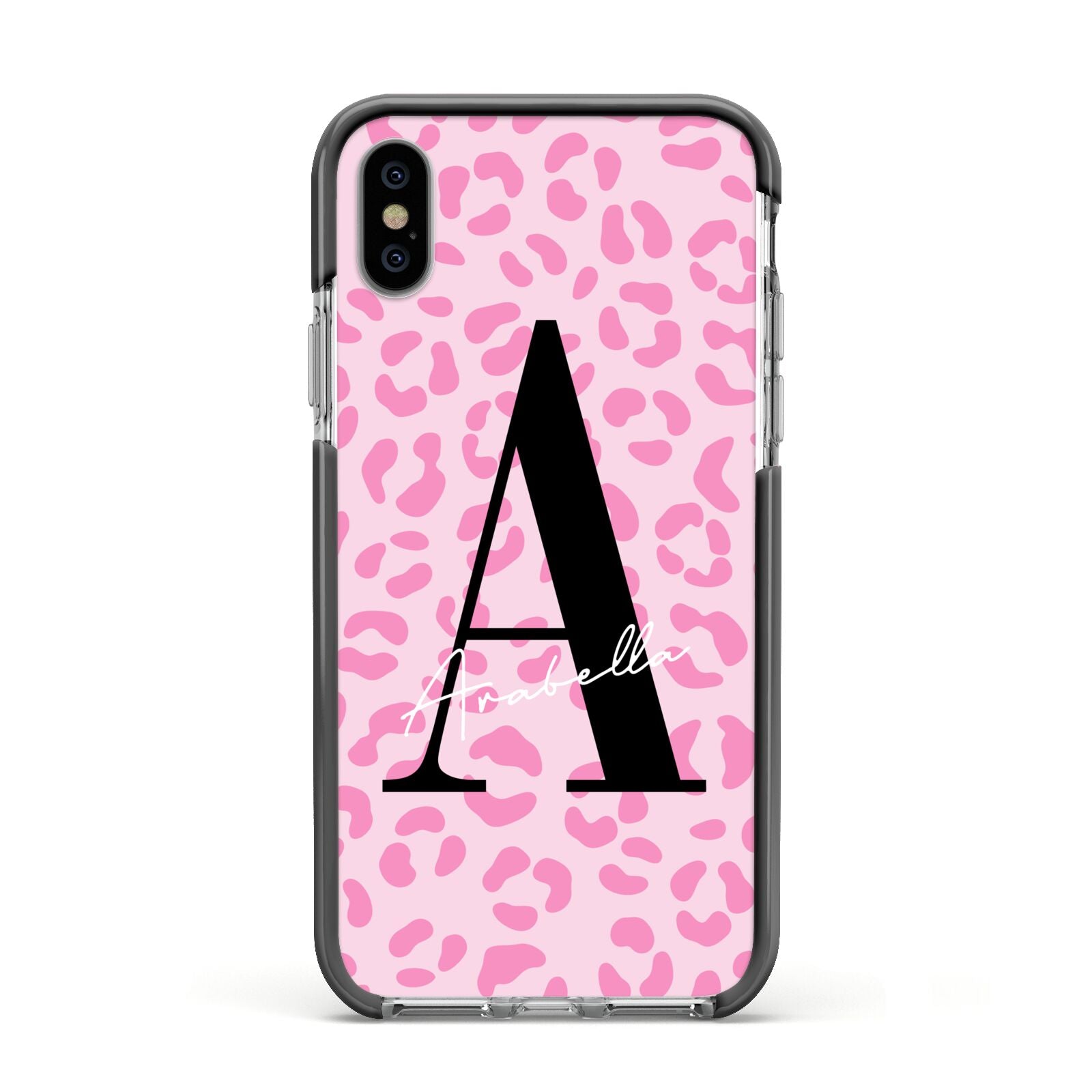 Personalised Pink Leopard Print Apple iPhone Xs Impact Case Black Edge on Silver Phone