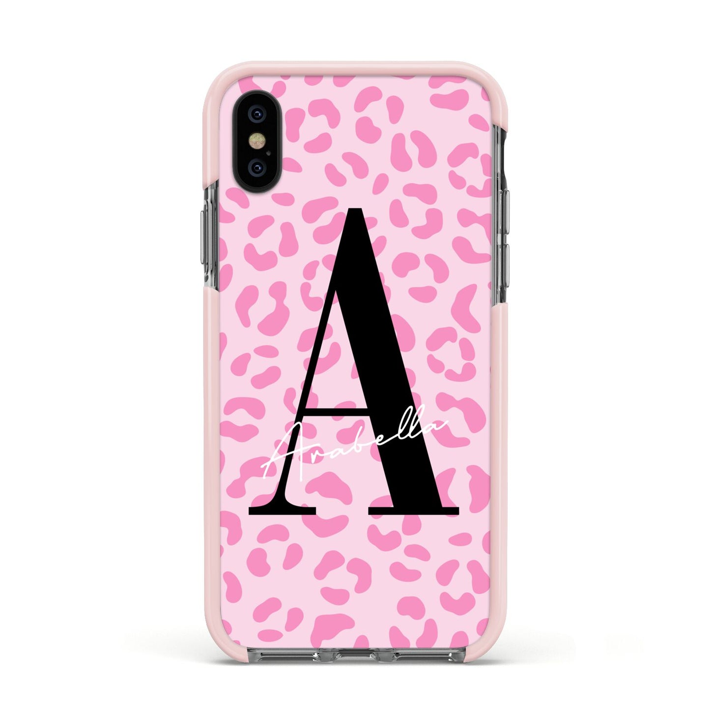 Personalised Pink Leopard Print Apple iPhone Xs Impact Case Pink Edge on Black Phone