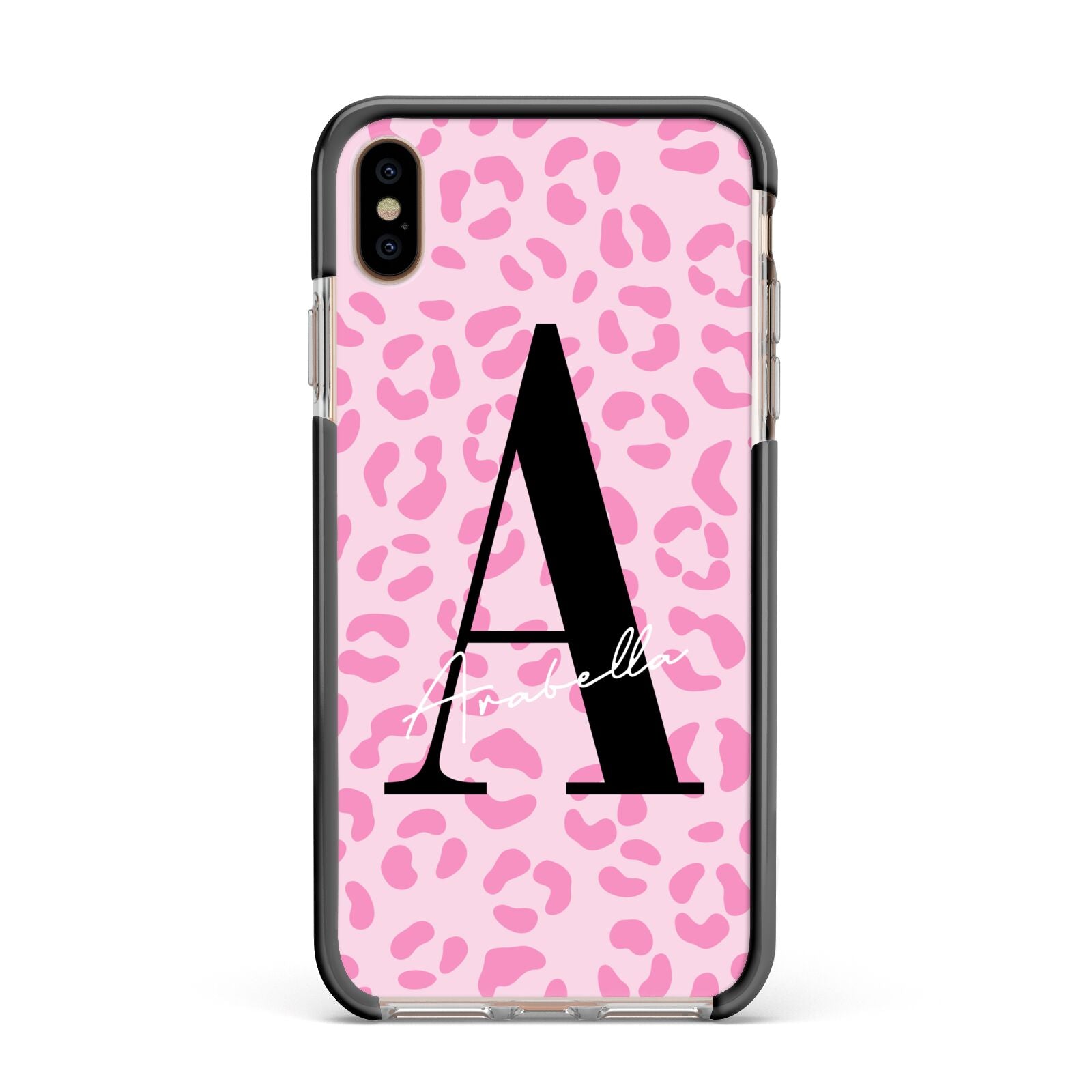 Personalised Pink Leopard Print Apple iPhone Xs Max Impact Case Black Edge on Gold Phone