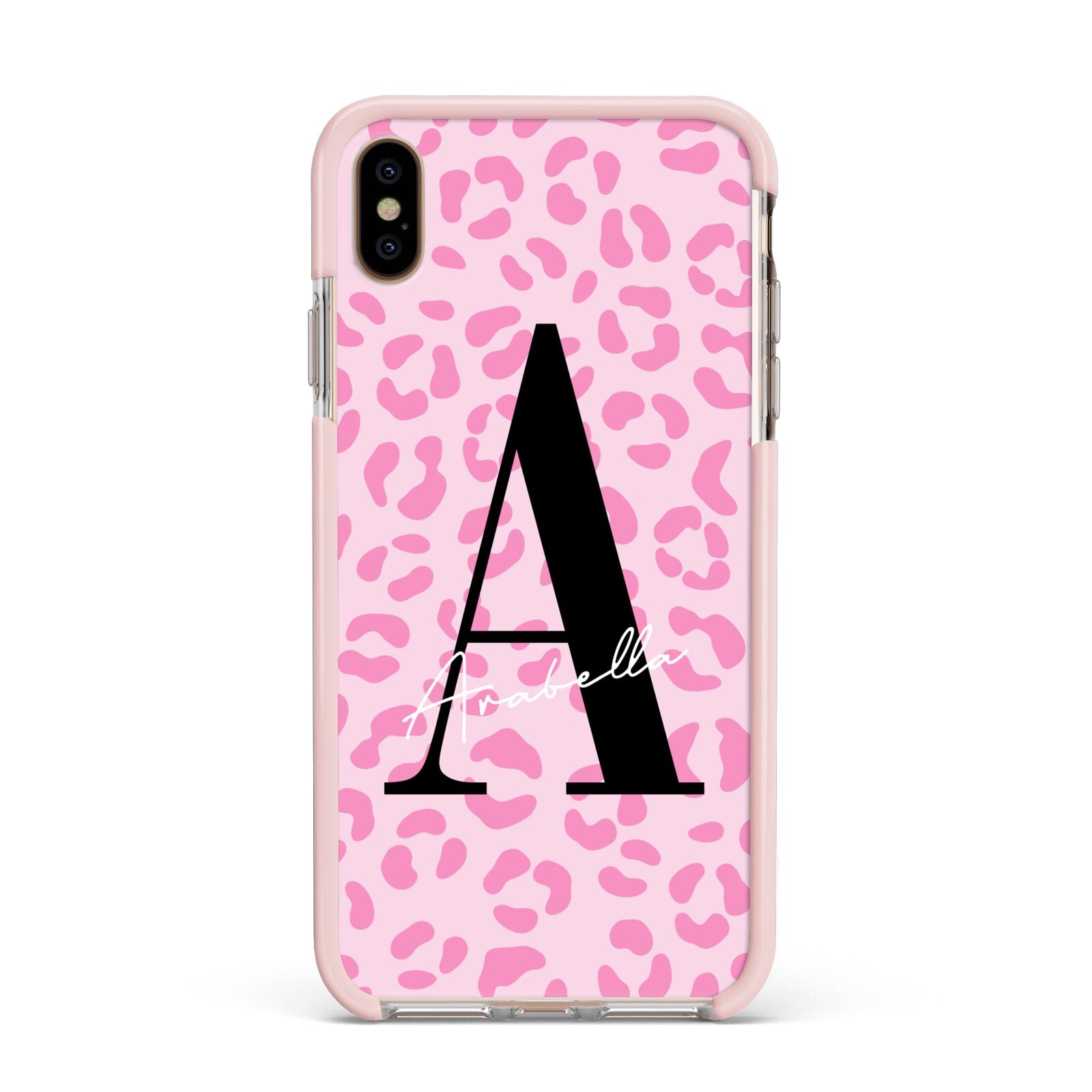 Personalised Pink Leopard Print Apple iPhone Xs Max Impact Case Pink Edge on Gold Phone