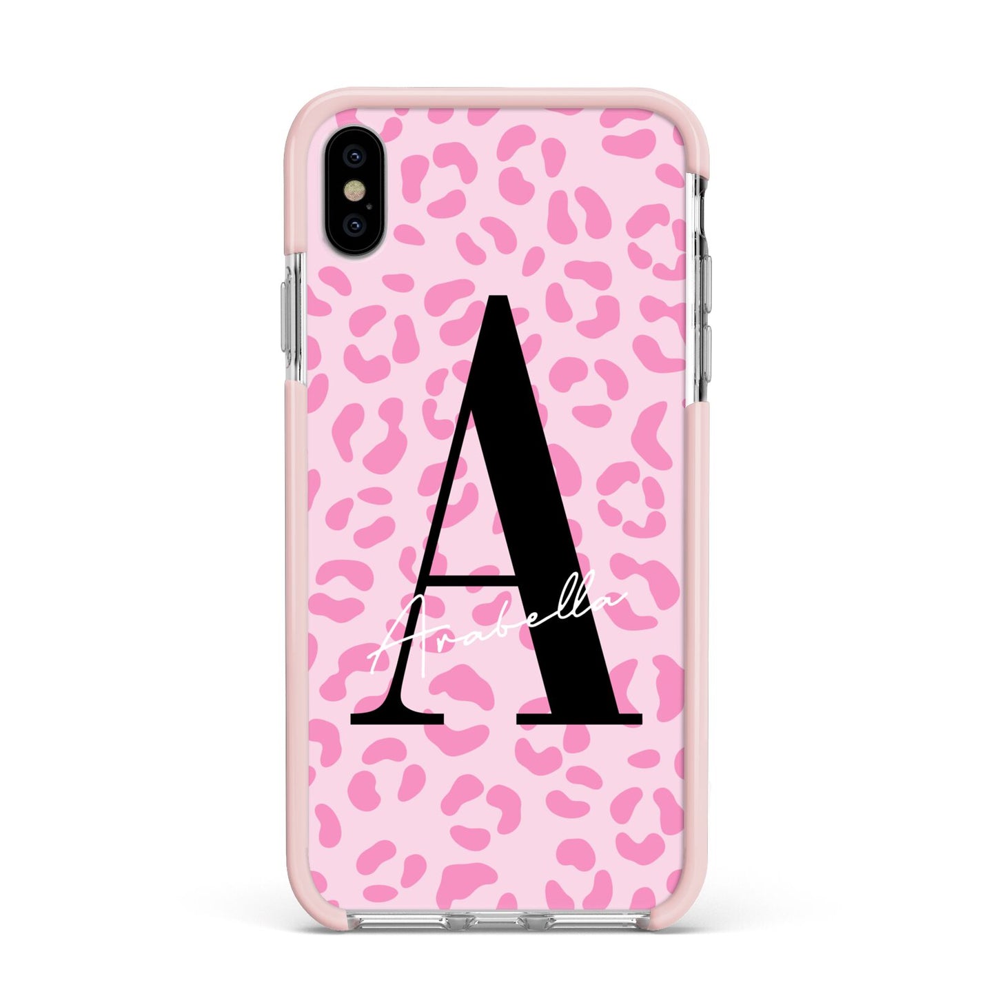 Personalised Pink Leopard Print Apple iPhone Xs Max Impact Case Pink Edge on Silver Phone