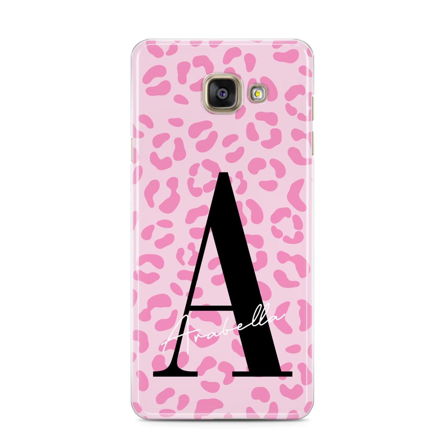 Personalised Pink Leopard Print Samsung Galaxy A3 2016 Case on gold phone