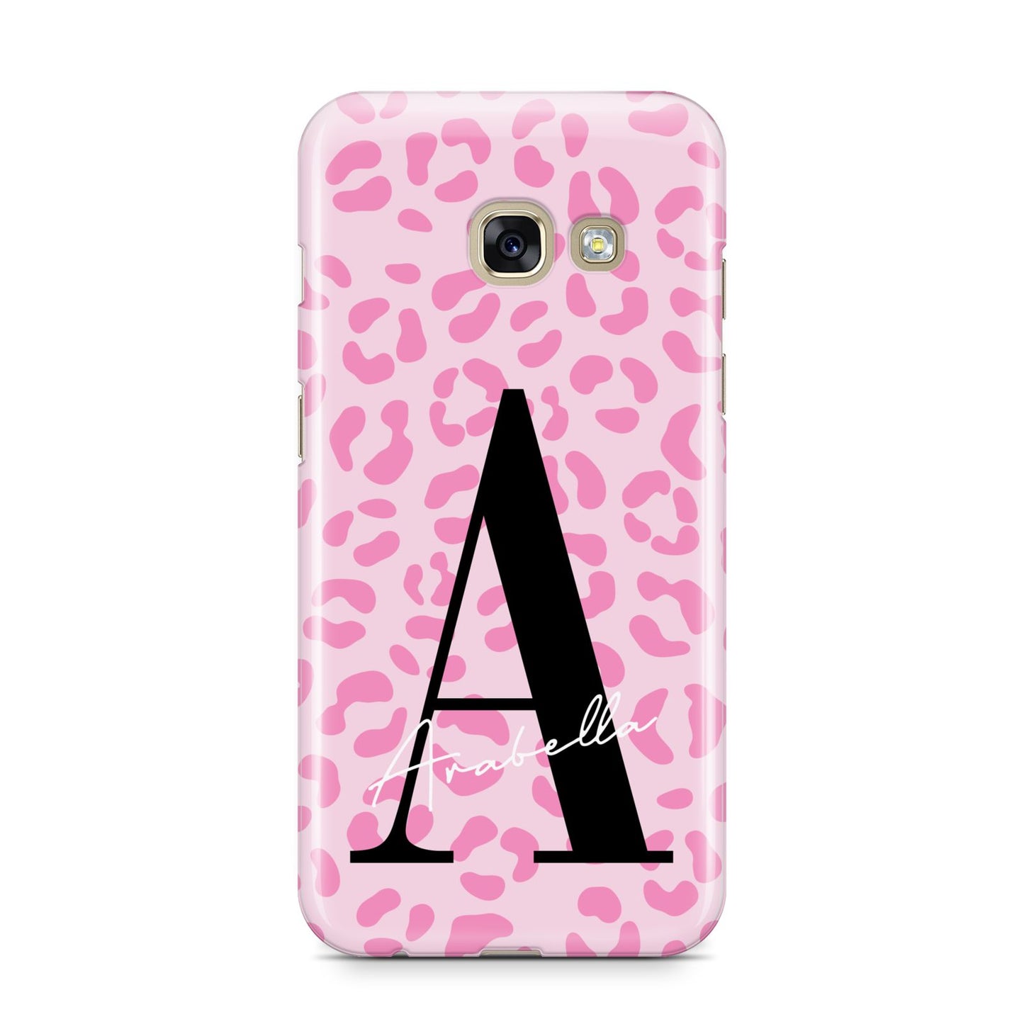 Personalised Pink Leopard Print Samsung Galaxy A3 2017 Case on gold phone