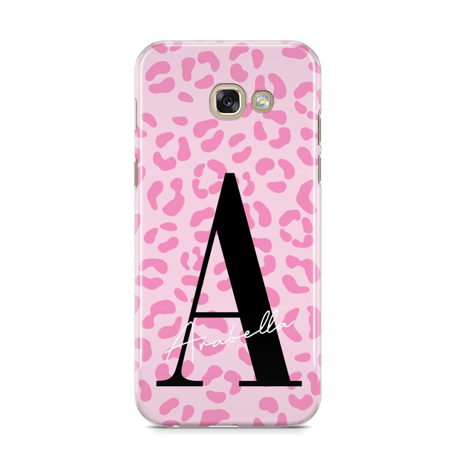 Personalised Pink Leopard Print Samsung Galaxy A5 2017 Case on gold phone