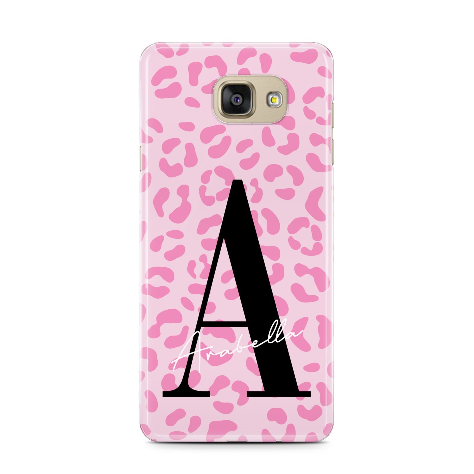 Personalised Pink Leopard Print Samsung Galaxy A7 2016 Case on gold phone